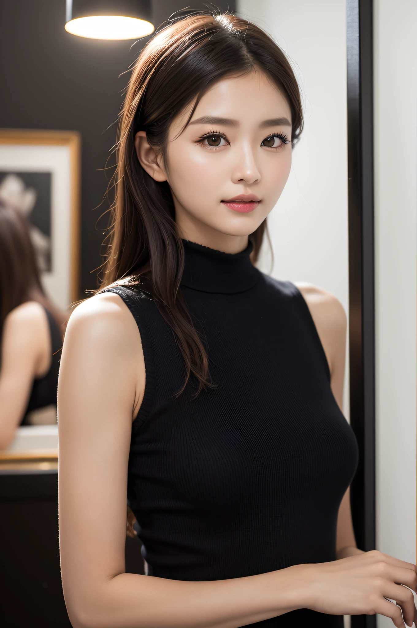 ((best qualtiy、8k masterpieces:1.3))、foco nítido:1.2、(ultra beautiful faces:1.0)、(shinny skin:1.0)、photos realistic、A dark-haired、Video Lighting、High-definition eyes and face、Video Lighting、(Korean Cute Actress)、from the front side、medium large breasts、ssmile、Sleeveless、Slender Abs Beauty、Wearing a tar neck knit