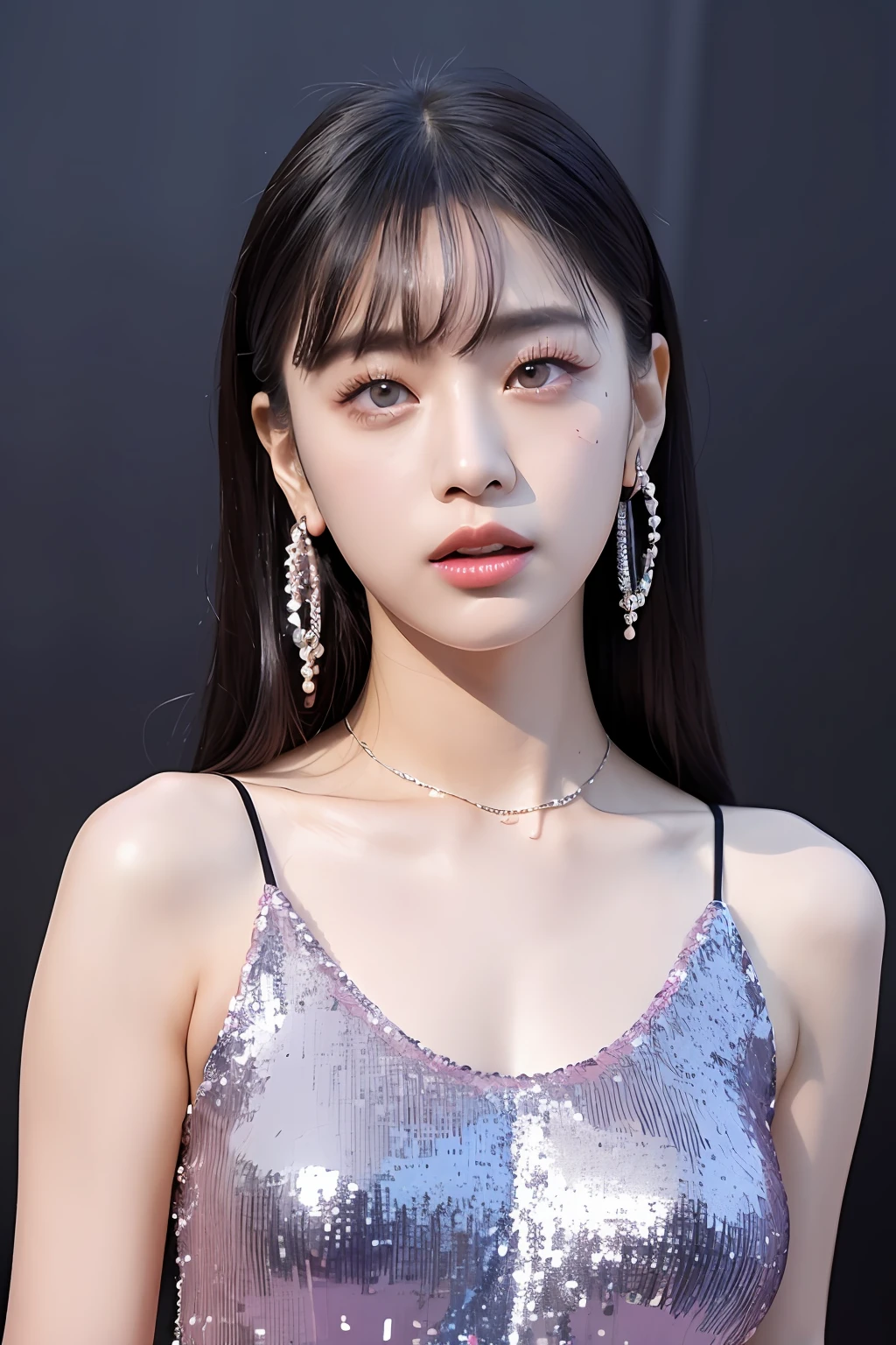 (extra detailed body、extra detailed face、best qualtiy:1.2)、femele、looking at the viewers、(Sequin tank top、JINS)、(Iris confusion in the background:1.4)
