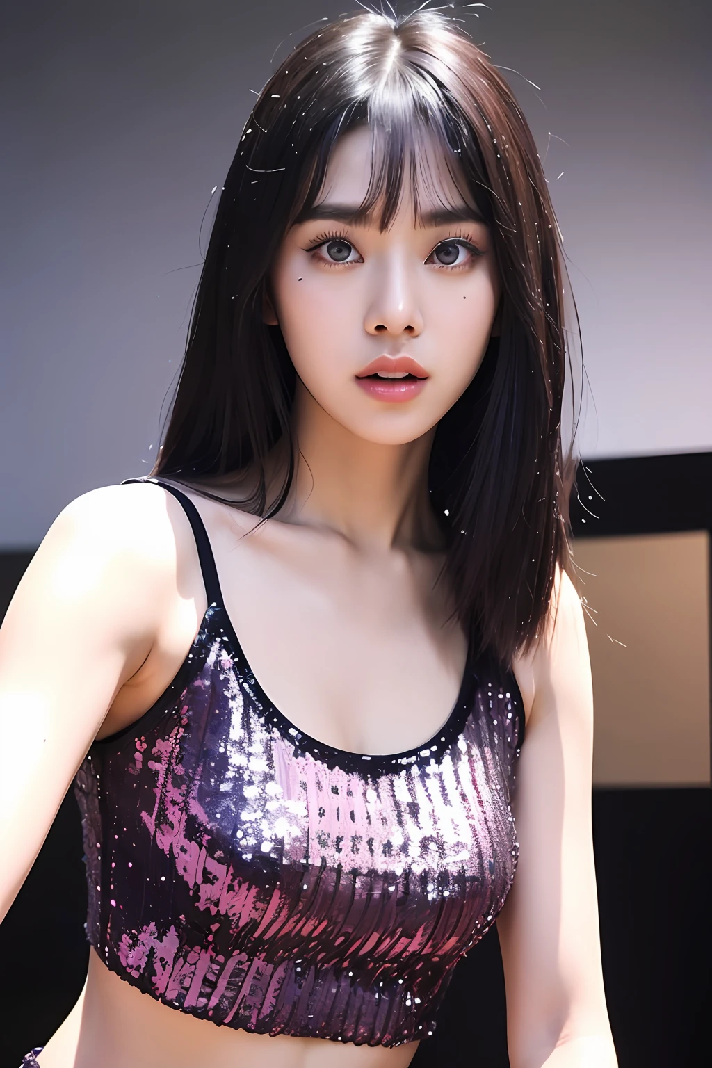 (extra detailed body、extra detailed face、best qualtiy:1.2)、femele、looking at the viewers、(Sequin tank top、JINS)、(Iris confusion in the background:1.4)