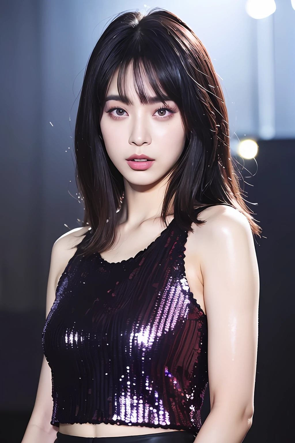 (extra detailed body、extra detailed face、best qualtiy:1.2)、femele、looking at the viewers、(Sequin tank top、JINS)、(Iris confusion in the background:1.4)