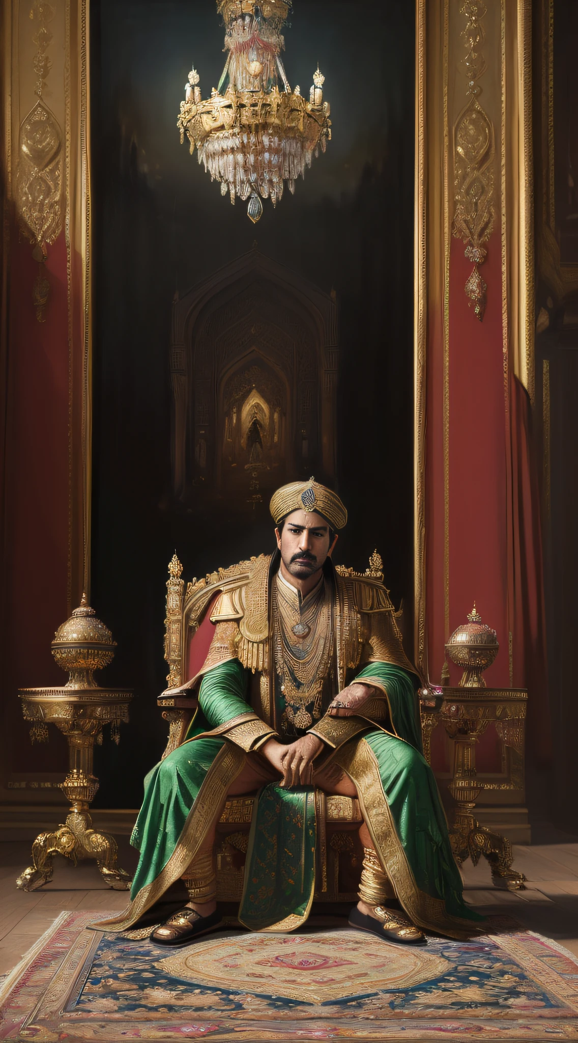 (masterpiece, high resolution, oil painting, Greg Rutkowski style:1.4), Emperor Akbar, (rich royal garb:1.2), gold threadwork, precious stones, iconic thin mustache, seated on ornately carved throne, lush gardens of his palace in the background, peacocks roaming, sunset hues, vivid colors, peaceful atmosphere, full length, front view.