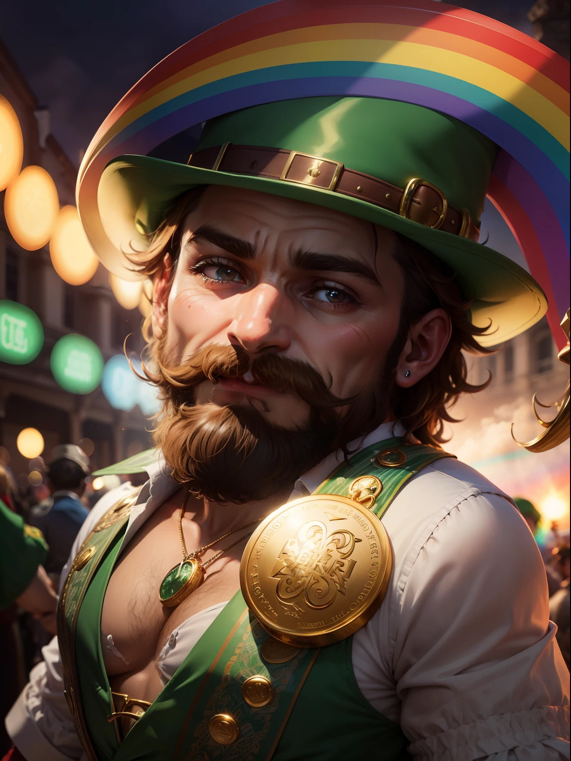 Leprechaum: mulher barba bigode vermelha, Rainbow in the sky and gold coins, trevos de quatro folhas, ferraduras; tesouro moedas de ouro, trevo da sorte, Rainbow horseshoe Folklore ireland