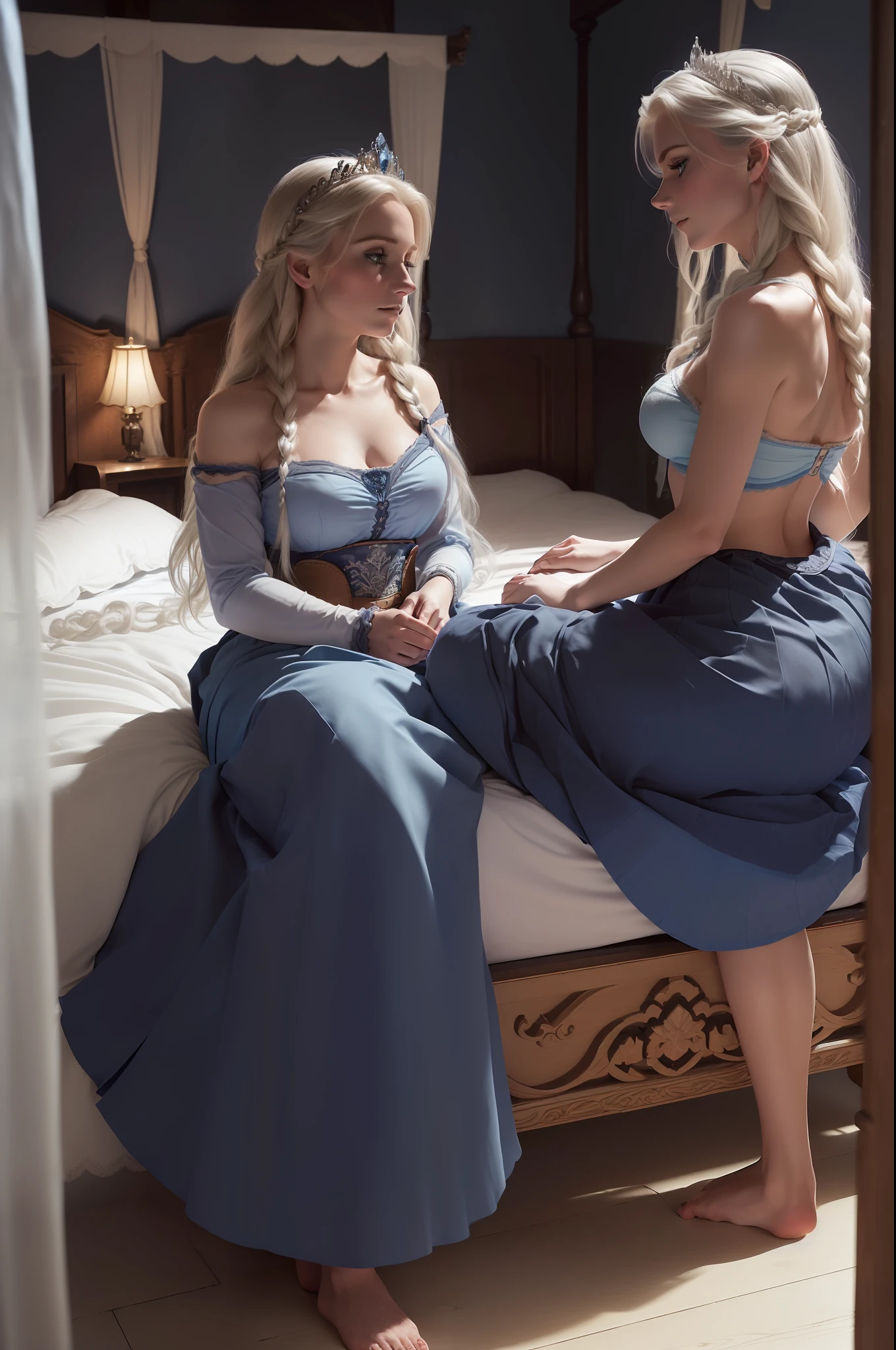 (Photo of Elsa the Frozen and Anna), ((a large bedchamber in a castle)), ((Elsa sits exhausted in the four-poster bed))), ((schlanke frau), ((they have small breasts)), (kleiner Kopf), (scharfer Fokus), ((natural realistic skin texture)), (((they wear dark blue skirts)), ((nackter Hintern))