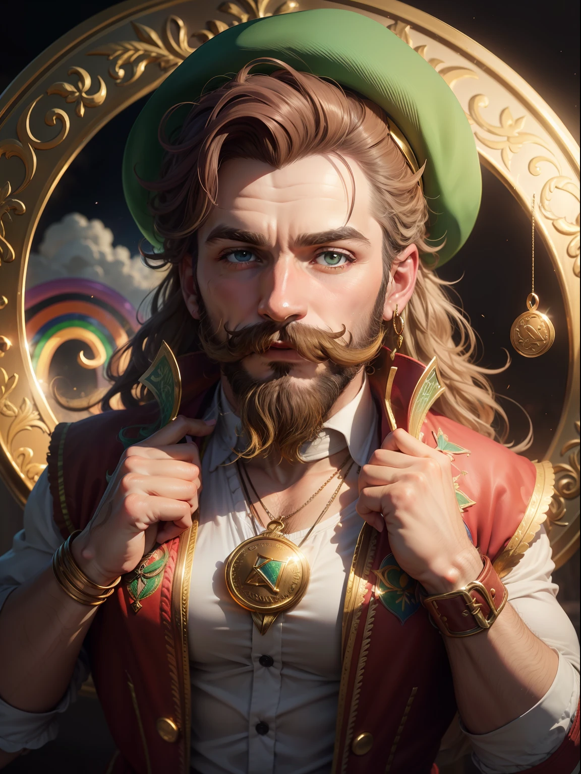 Leprechaum: mulher barba bigode vermelha, Rainbow in the sky and gold coins, trevos de quatro folhas, ferraduras; tesouro moedas de ouro, trevo da sorte, Rainbow horseshoe Folklore ireland