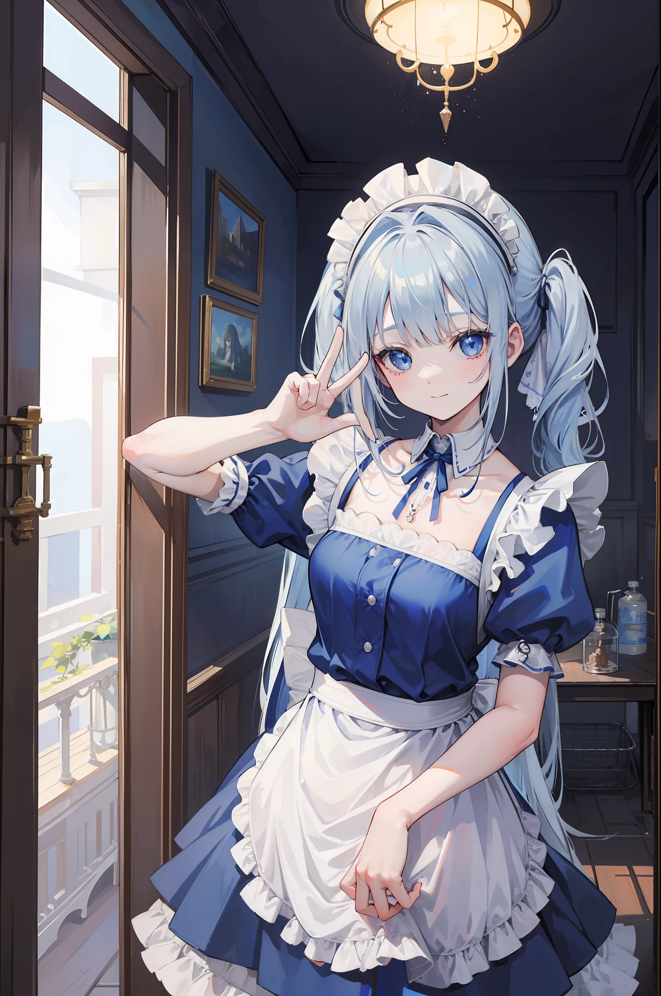 1 girl in、(Light blue long hair)、Blue eyes、((((Jersey Maid Clothing))))、Fusion of jersey and maid clothes、frilld、Moe Sleeve、A mischievous smile、Poses with Sense、inside the house、Inserting light、in a house、细致背景、(High resolution of the highest quality)、((Masterpiece Highest Quality:1.2)), [[Broken face]], [[Fused fingers]], [[Tangled fingers]], [[[multiple limbs]]], [[Malformed hands]], [[[Skin revealing]]]