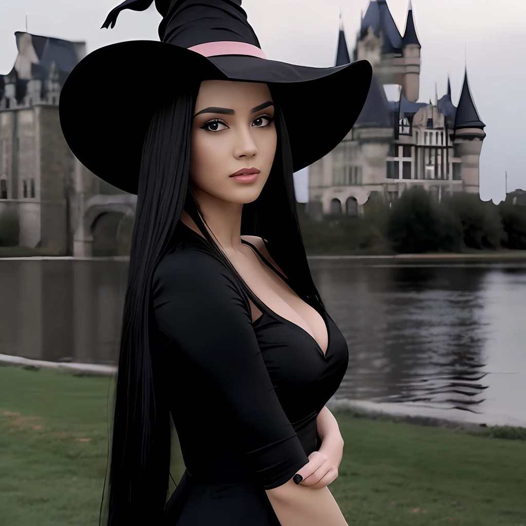 A woman, witch, long straight black hair, black eyes, athletic body, long pink dress, castle in the background, masterpiece, high quality, best quality, 4k, well-detailed body, detailed face, witch's hat, camera raw, dark lighting