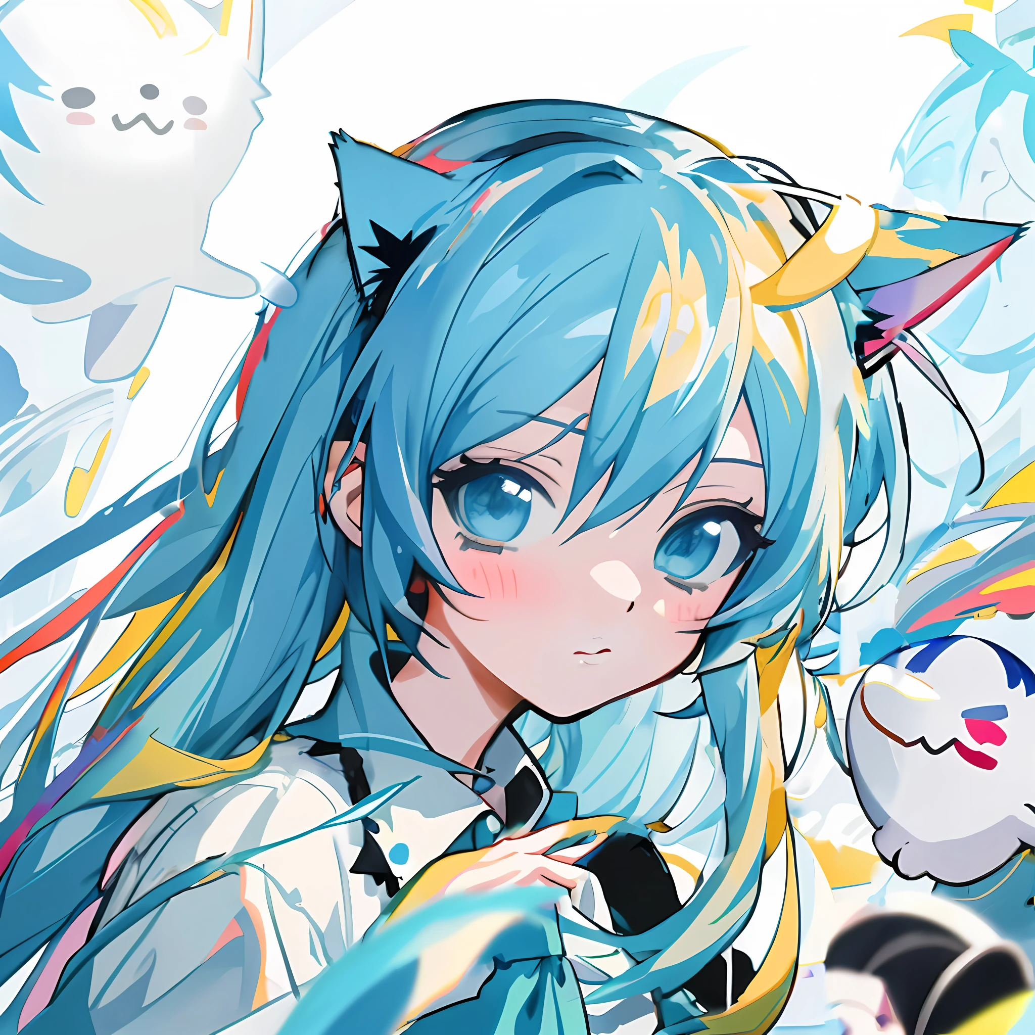 Anime girl with blue hair and cat ears and white cat, mikudayo, Anime style 4k, vocaloid,Os amigos, Digital art on Pixiv, Anime! 4 k'', Anime! 4K, anime girl with cat ears,, Very beautiful anime cat girl, Pixiv style,Cat lady,Dull hair