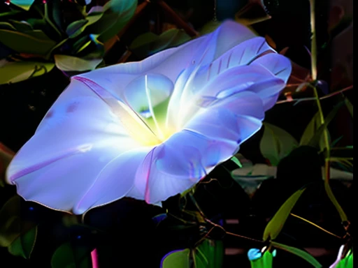 There are blue flowers growing on the plant, Morning glory flowers, a glowing delicate flower, Glowing blue, with glowing blue lights, Soft Blue Light, Beautiful flowers, blue flowers bloomed all over, a glowing flower, Blue - petals, Blue Soft Light, pale blue backlight, bluish at dawn, In the blue light of gentle dawn, Morning light