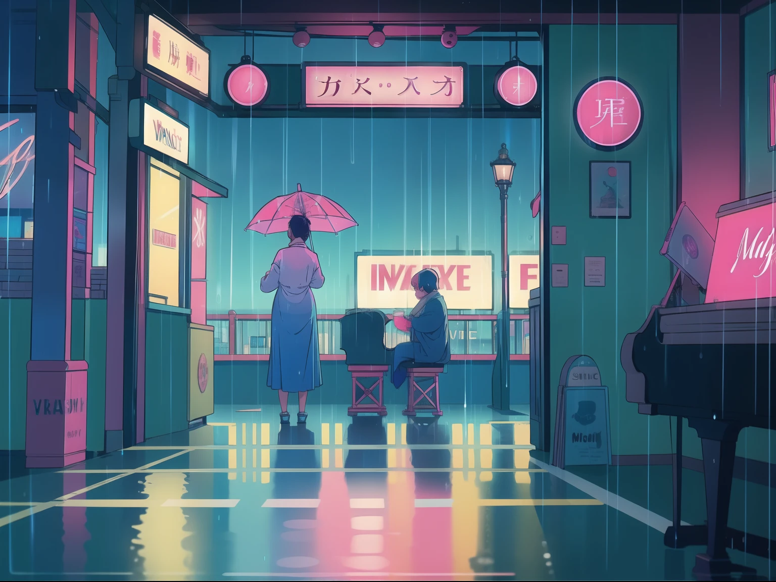 Amidst rain-soaked streets, colorful umbrellas dot the cityscape with splashes of blues and pinks. The retro-style neon signs reflect on wet pavements, creating a lofi urban symphony. Soft piano melodies set the mood, evoking a calm and contemplative atmosphere. People huddle in cozy cafes, sipping warm drinks as the rain dances outside, turning the city into a serene lofi