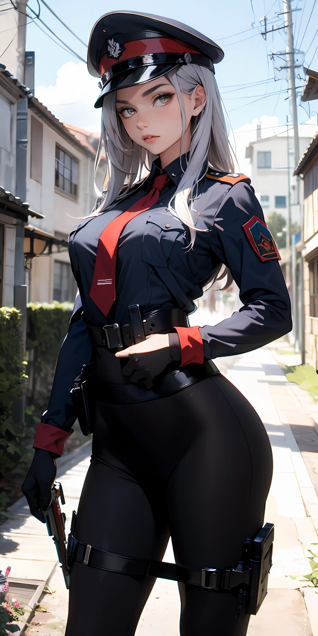 absurd resolution, Highresolution, (obra-prima:1.4), ultra-detalhada, 1Menina, em uniforme militar da segunda guerra mundial, campo de batalha,serious pose, camera perto do corpo,olhos azuis,cabelos loiros,military hat, ambient quarto, uniforme fechado, corpo escondido pela roupa, casaco longo, Gun in hands, ak-47 bem desenhada arma completa. Girl near the camera