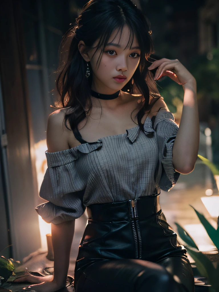 Best quality, masterpiece, ultra high res, (photorealistic:1.4), raw photo, 1girl, offshoulder, in the dark, deep shadow, low key, cold light