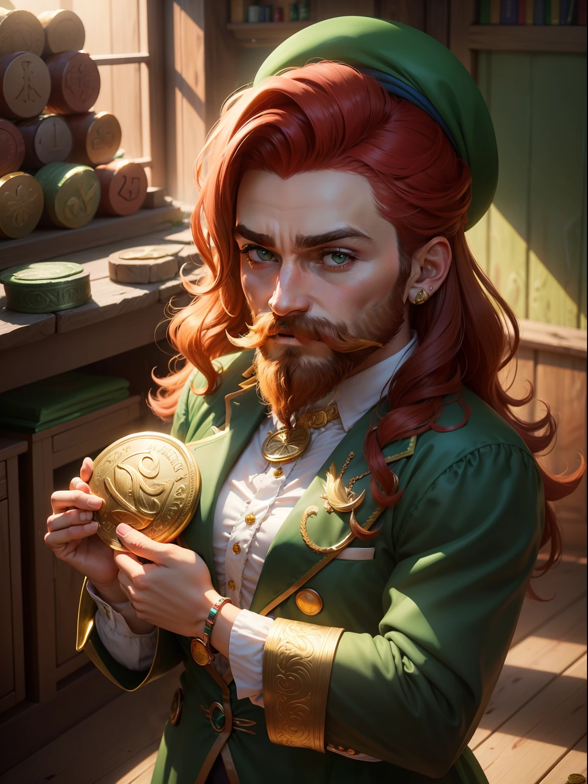 Leprechaum: mulher barba bigode vermelha, cabelo ruivo, barba ruiva , feminino, female Rainbow in the sky and gold coins, trevos de quatro folhas, ferraduras; tesouro moedas de ouro, trevo da sorte, Rainbow horseshoe Folklore ireland