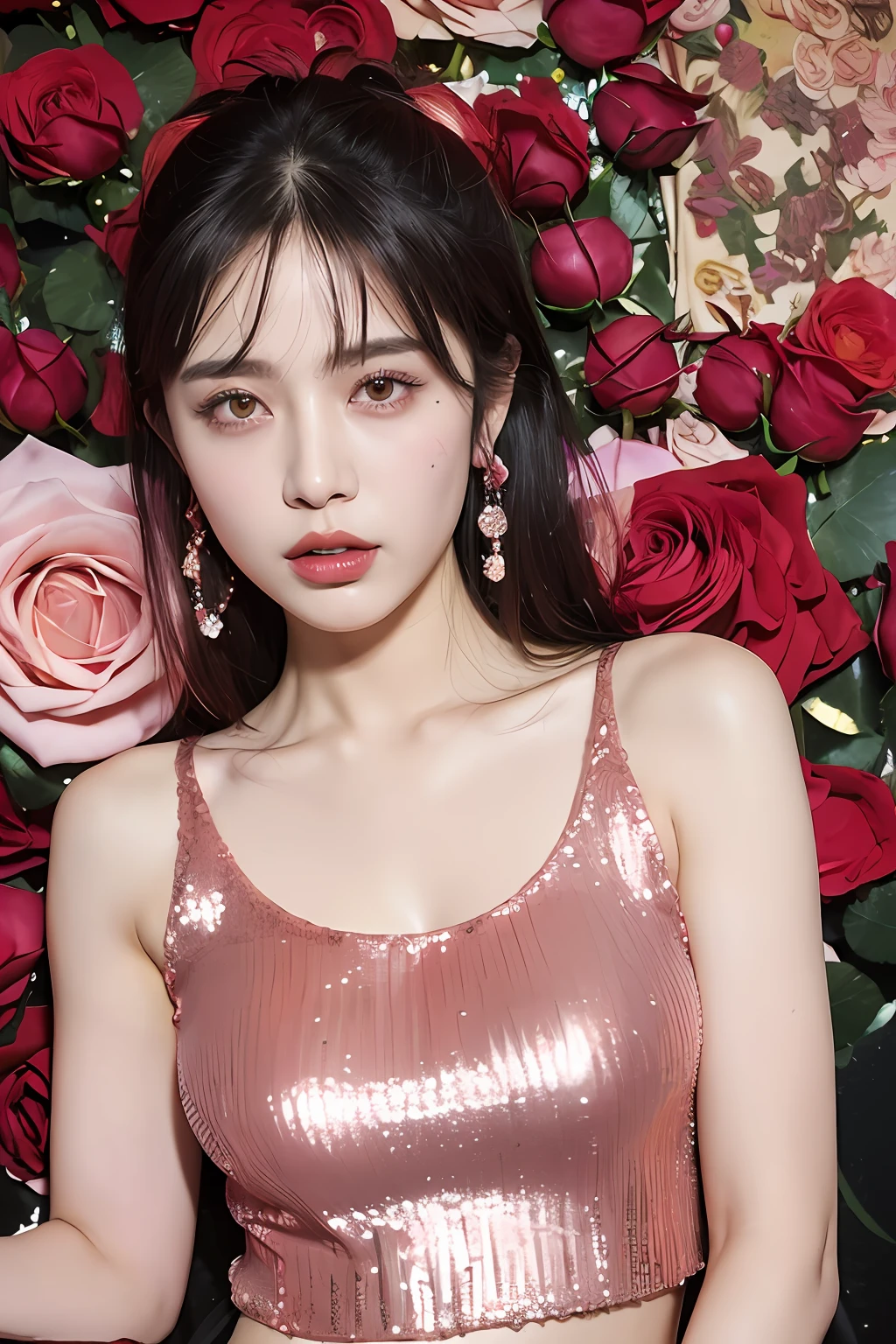 (extra detailed body、extra detailed face、best qualtiy:1.2)、femele、looking at the viewers、(Sequin tank top、JINS)、(Mess of roses in the background:1.4)