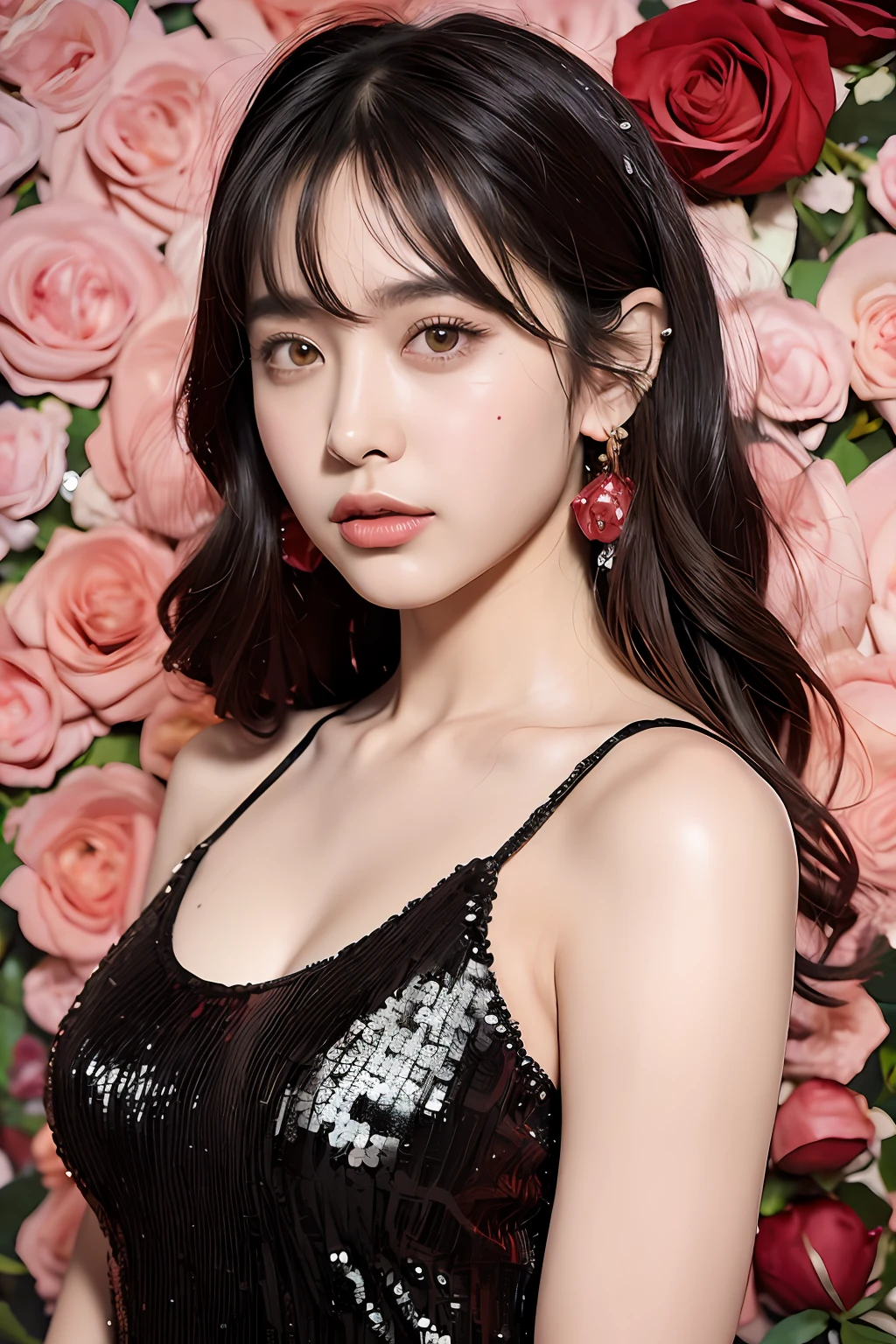 (extra detailed body、extra detailed face、best qualtiy:1.2)、femele、looking at the viewers、(Sequin tank top、JINS)、(Mess of roses in the background:1.4)