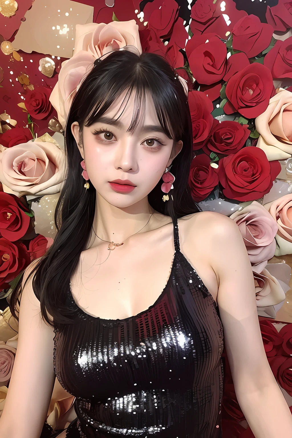 (extra detailed body、extra detailed face、best qualtiy:1.2)、femele、looking at the viewers、(Sequin tank top、JINS)、(Mess of roses in the background:1.4)