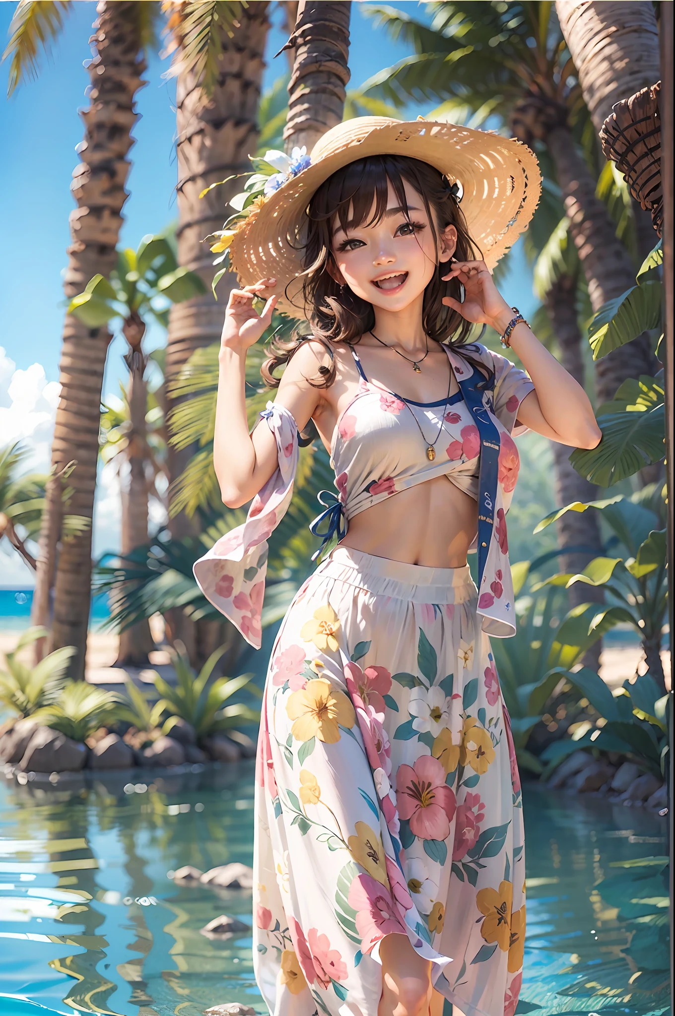 (top-quality、in 8K、32K、​masterpiece、nffsw、ighly detailed:1.2)、Full body, blue open sky、Tropical seas、Palm trees、beauitful face、blurry backround、20-year-old beauty、shinny skin、dark brown hair、Medium Hair、Blue eyes、Maxi skirt、flipflops、Floral hair ornament、a straw fedora hat、raise arms、Smile with open mouth、skin tanned、