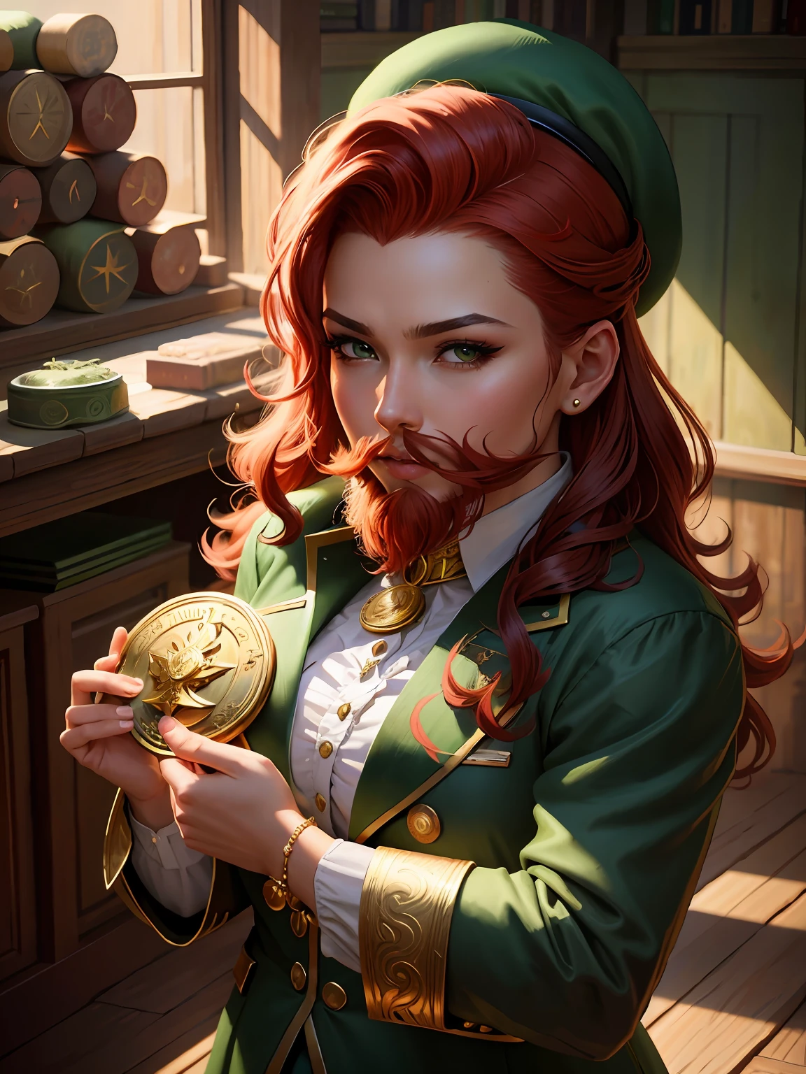 There is a woman with red hair and a green hat holding a gold coin, Stanley Artgerm Lau, retrato detalhado do caractere, arte de personagem impressionante, Artgerm extremamente detalhado, Commission for High Res, retrato da arte do personagem, retrato artgerm, Stanely Artgerm, fanart detalhado, pintura de personagem bonita, retrato do personagem da fantasia, epic exquisite character art