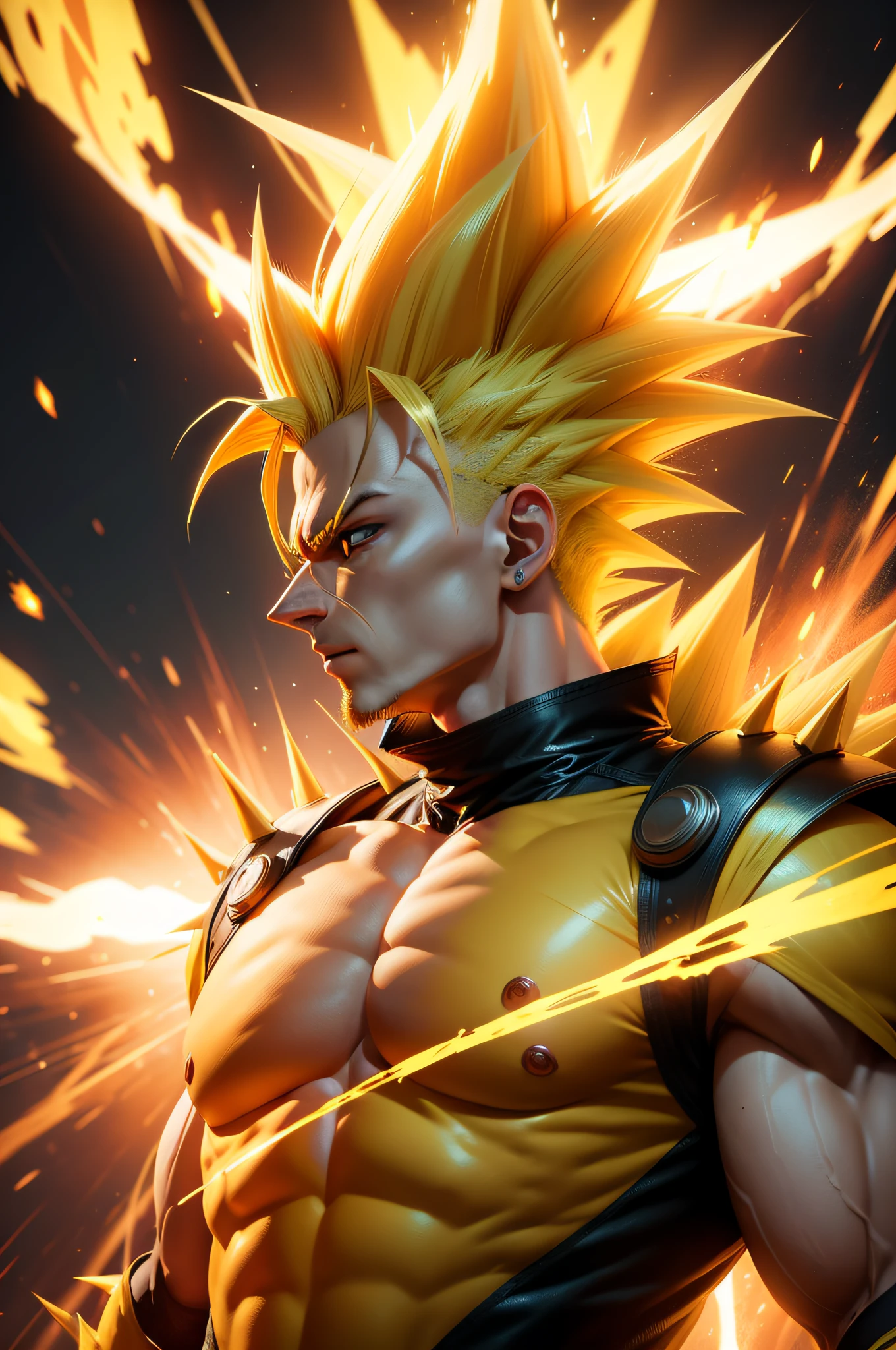 8k super saiyan image spiky yellow hair with yellow aura and explosions