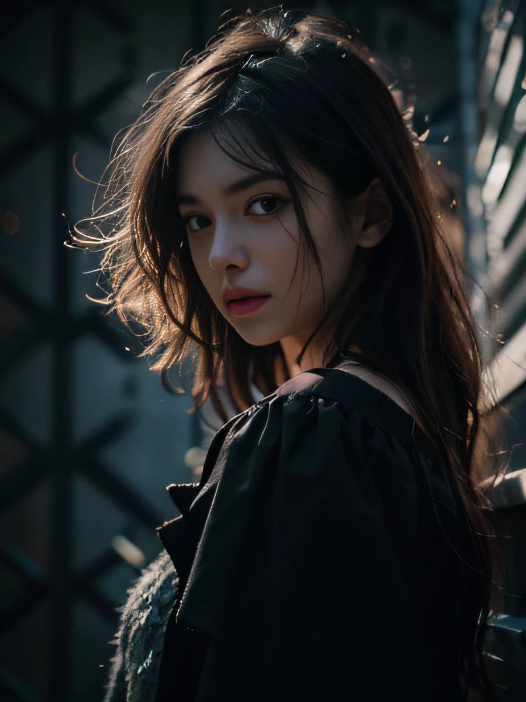 Best quality, masterpiece, ultra high res, (photorealistic:1.4), raw photo, 1girl, offshoulder, in the dark, deep shadow, low key, cold light