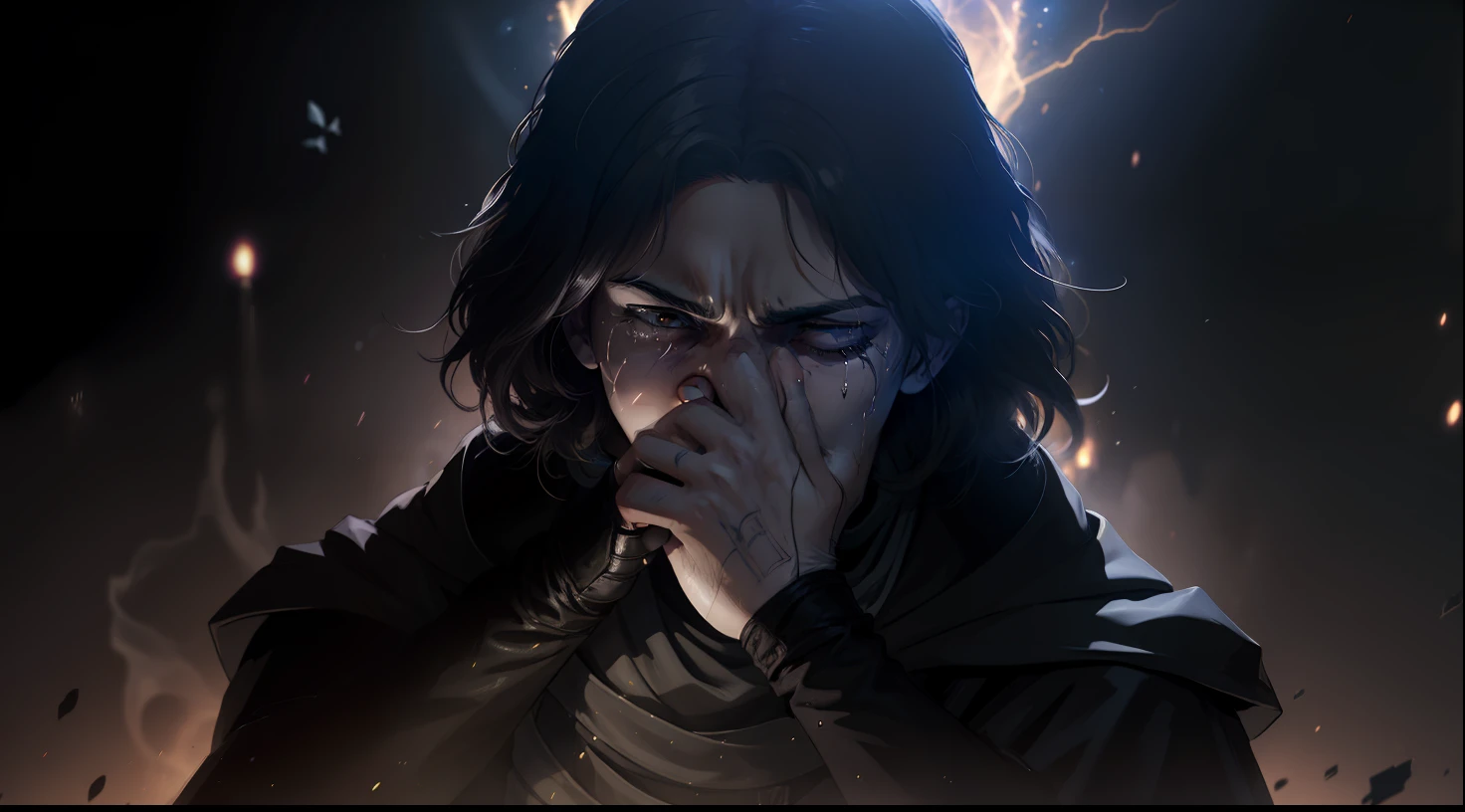 Anakin Skywalker, Sith, Tempos Sith, Anakin Skywalker como Sith do mal, Villanious, FALLEN ANGEL, Gray alien, alien, FALLEN ANGEL, Cara bonito na foto de Demon Slayer, Anakin Skywalker sentado, depressed with hands covering his face crying a lot and lamenting, godrays obscuro, cosmic sky