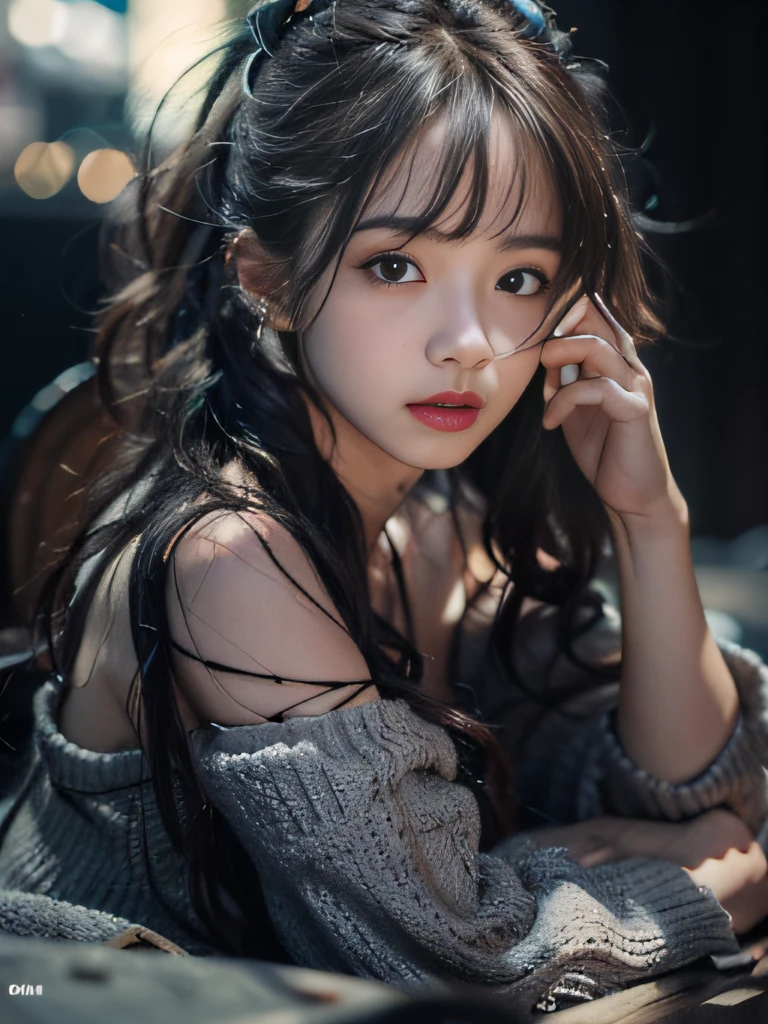 Best quality, masterpiece, ultra high res, (photorealistic:1.4), raw photo, 1girl, offshoulder, in the dark, deep shadow, low key, cold light