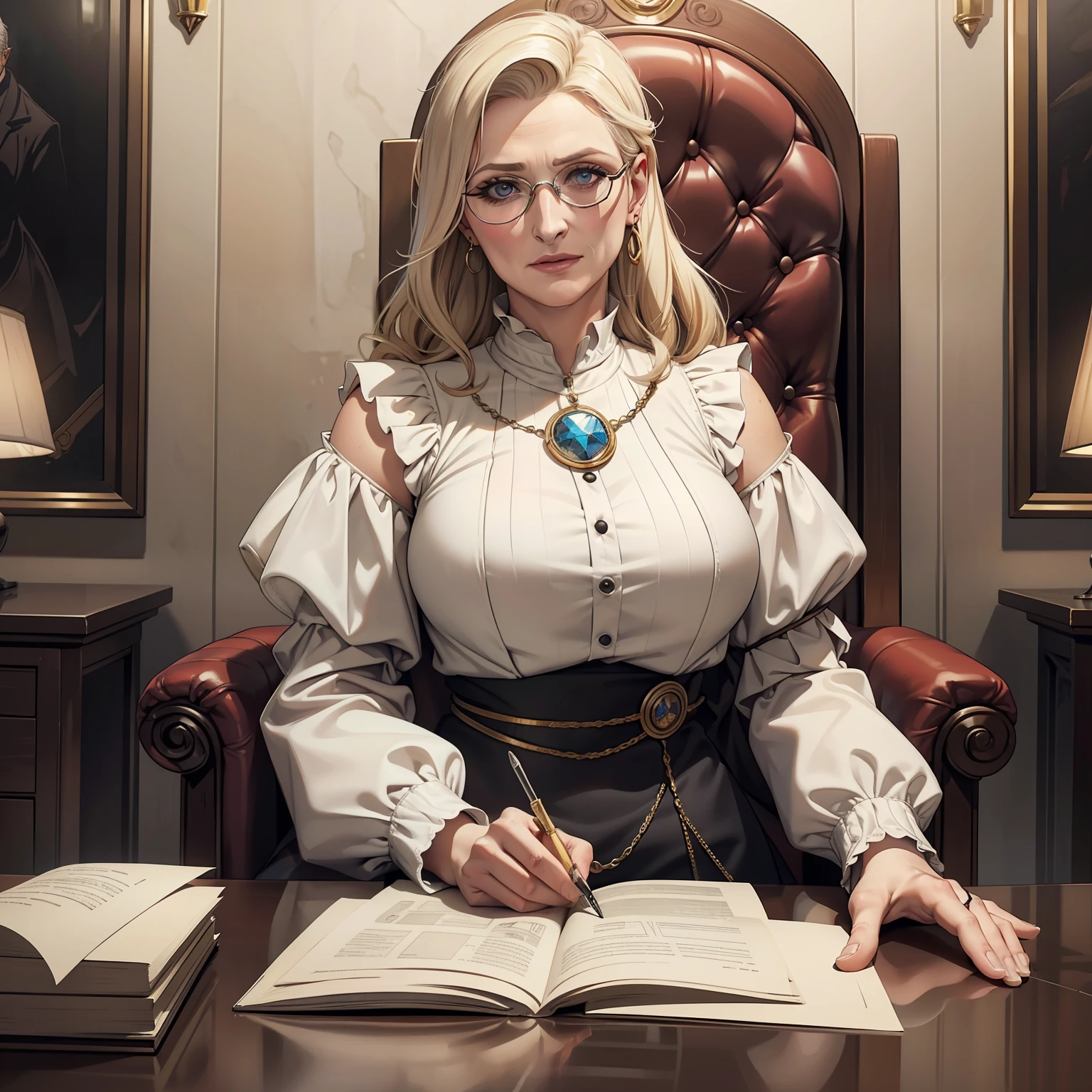 (papel de parede 8k extremamente detalhado), tema escuro, Vampire the Masquerade, RPG Mundo das Trevas, terror moderno, anos 2020, Woman of advanced age, (((mayor of a large metropolis))), vestindo terno branco com saia social, foco afiado, (subsurface scatter:1.1), fotografia premiada, rosto centrado, rosto da Meryl Streep, eyeglass, bolsa Prada, foto de meio corpo:1.1, medium white blonde hair, maquiagem, olhos castanhos claros:1.2, expression serious, inside and meeting room sitting in a presidential chair with large table in front of her, lighting dramatic