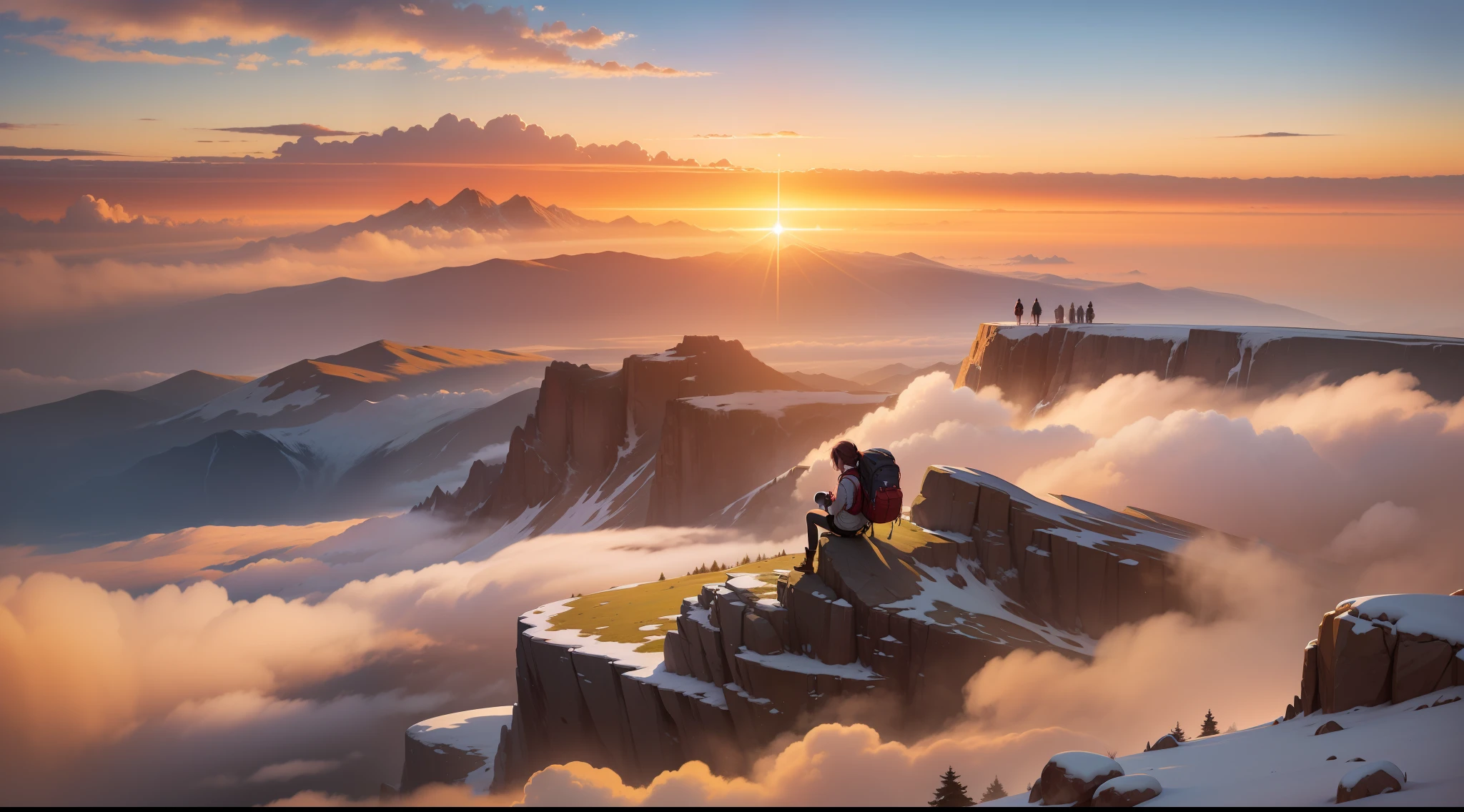 A girl with a backpack, on top of a mountain, with a splendid landscape, anime style.