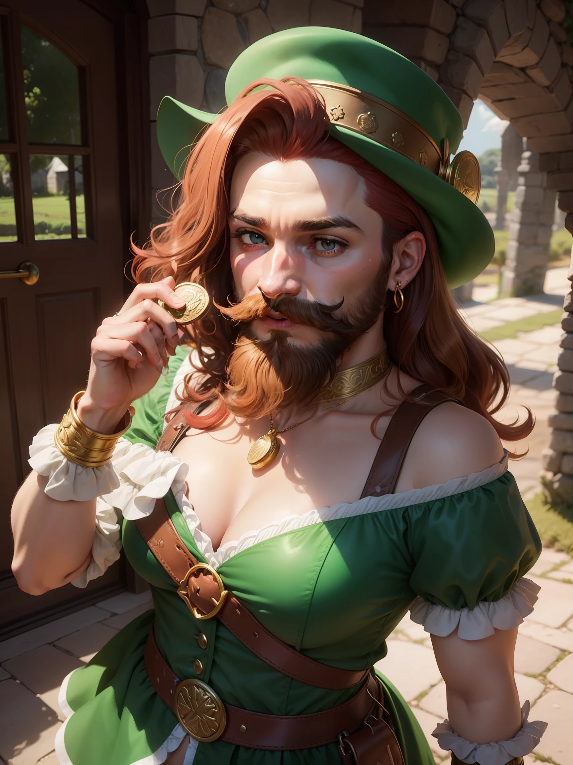 Leprechaum: mulher barba bigode vermelha, cabelo ruivo, barba ruiva , feminino, female rainbow in the sky and gold coins, trevos de quatro folhas, ferraduras; tesouro moedas de ouro, trevo da sorte, Rainbow horseshoe Folklore ireland