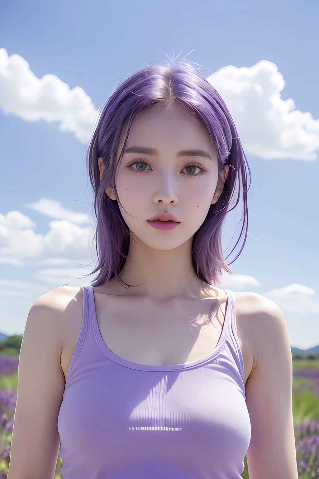 (extra detailed body、extra detailed face、best qualtiy:1.2)、femele、looking at the viewers、(White transparent tank top、JINS)、(Lavender and sky chaos in the background:1.4)