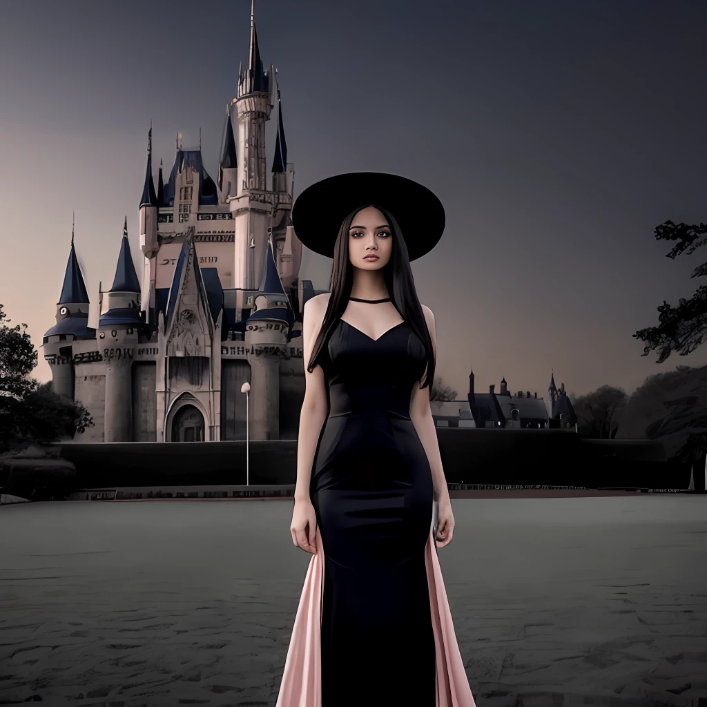 A woman, witch, long straight black hair, black eyes, athletic body, long pink dress, castle in the background, masterpiece, high quality, best quality, 4k, well-detailed body, detailed face, witch's hat, camera raw,