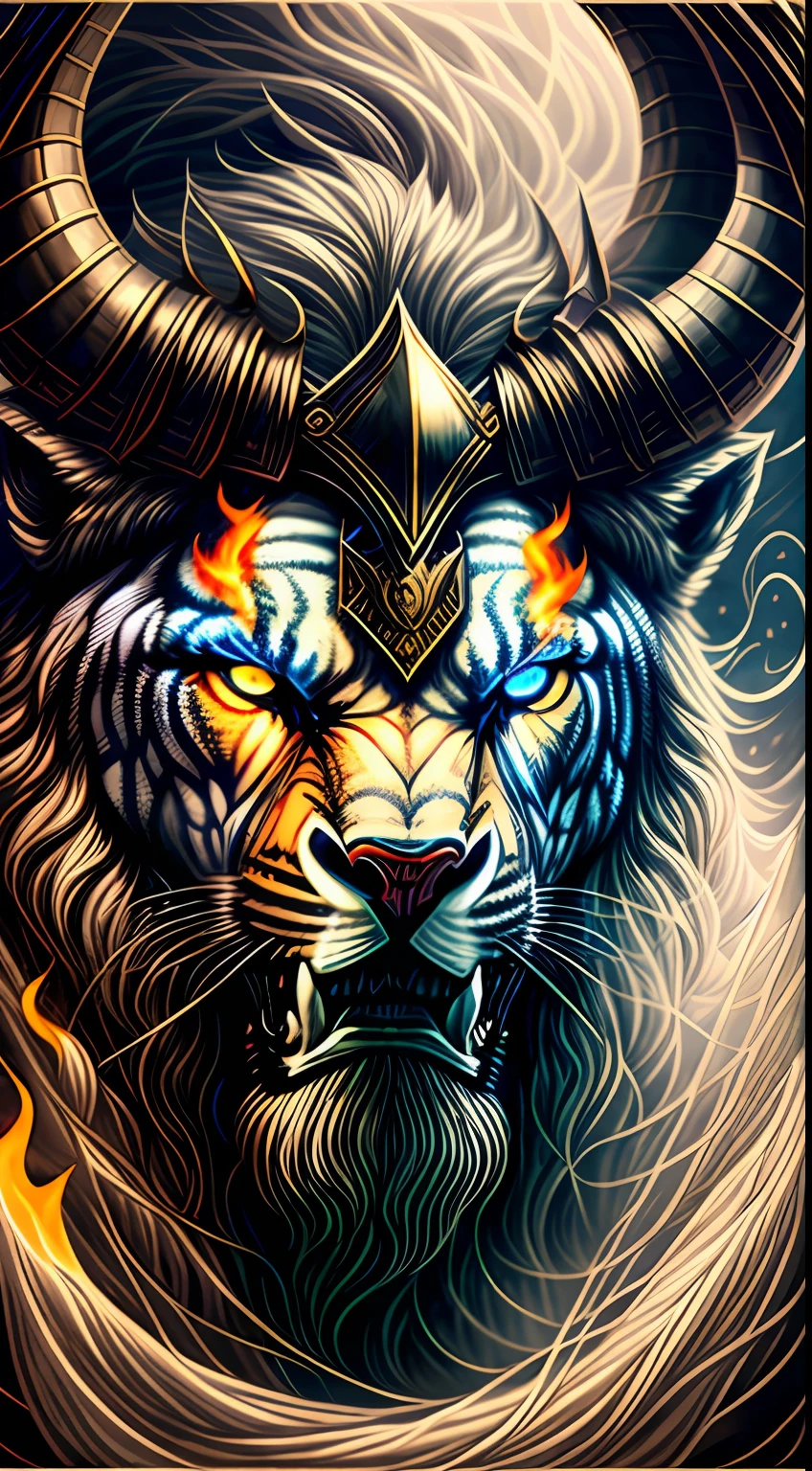 Um close-up intenso de um guerreiro viking com olhos penetrantes e brilhantes, surrounded by an insinuating darkness. His horned helmet gives him an imposing silhouette, while his wild, flowing beard adds a touch of ruggedness, eyes catching fire. The warrior's face bears an expression of deep anger, um testemunho de sua ferocidade em batalha. The backdrop is filled with swirling tendrils of dark blackness, reminiscent of ancient mythological forces. The mood is tense, suggesting the mythical powers surrounding the warrior. The image combines high detail and an artistic touch, creating a captivating visual experience. Obra de arte, tinta sobre pergaminho