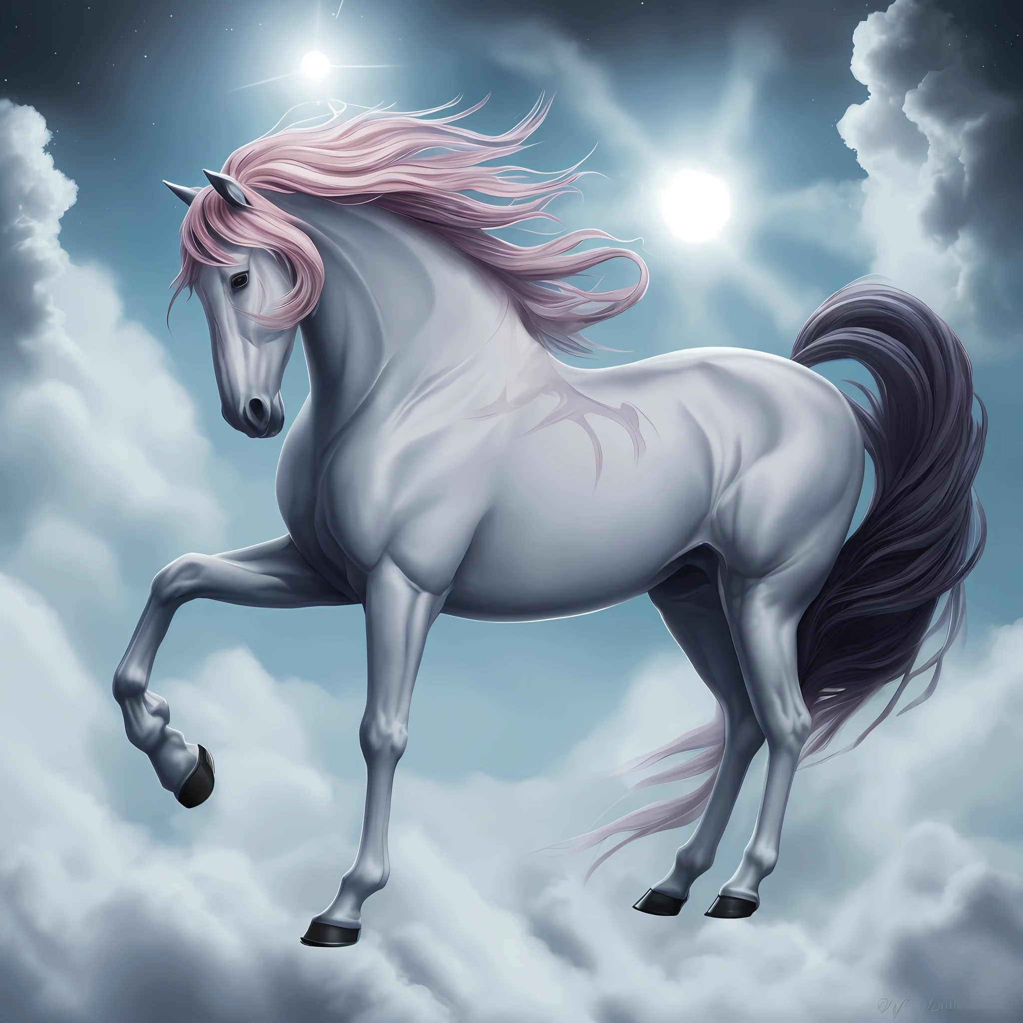 pintura de um cavalo com uma juba longa e uma juba rosa, cavalo bonito, Cavalo Centauro, Cavalo digital, Cavalo sereno bonito, Horse, armadura dourada e brilhante de cobre, juba e cauda fluindo, albino mystic, equino anatomicamente correto, pele perolada, highly detailed magical fantasy, mytical creature, painted in high resolution, inspirado em John Frederick Herring, Jr.