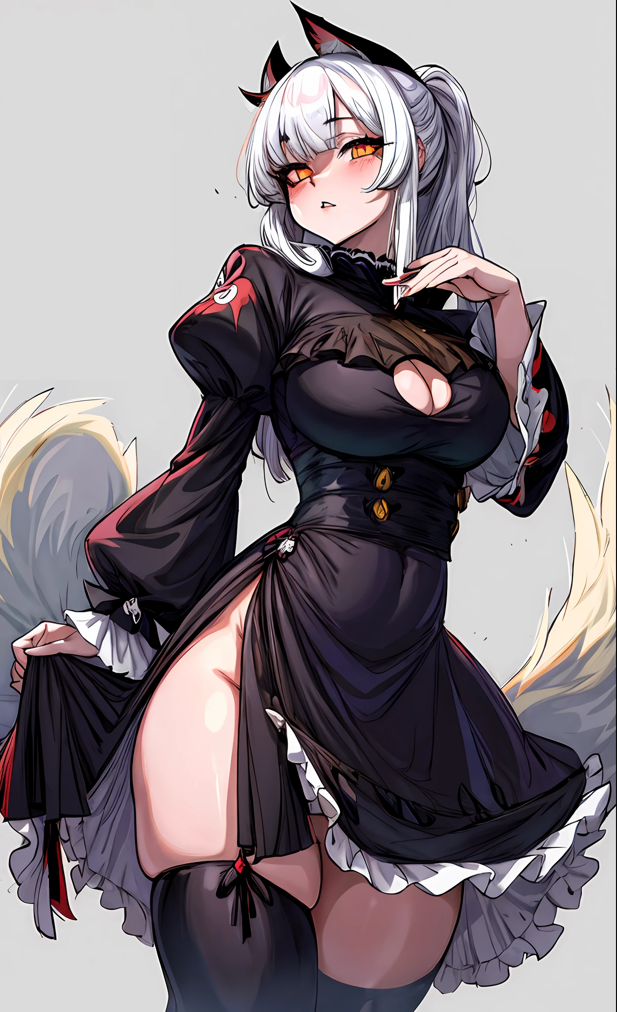 kitsune, thick thighs, wide hips, lolita dress, bangs covering one eye