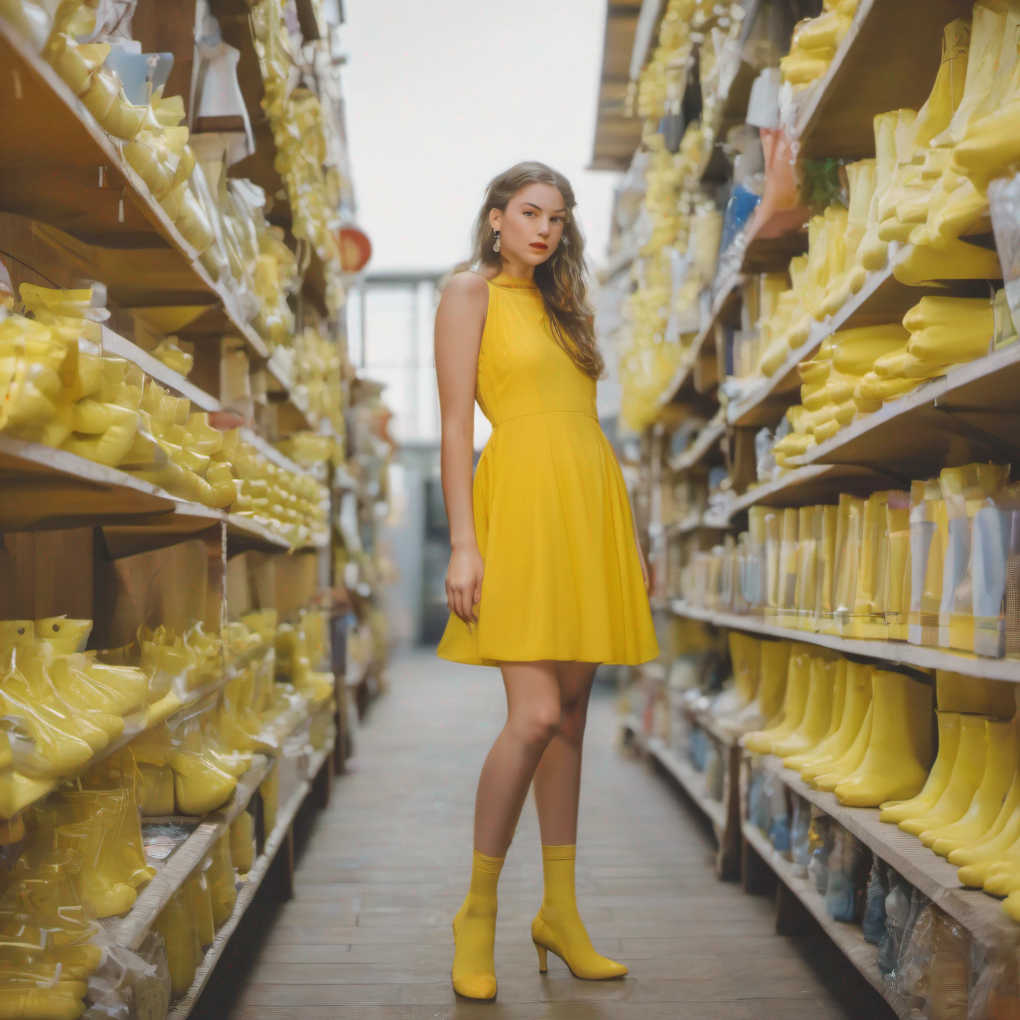 Young woman with yellow dress and yellow stocking and yellow shoes