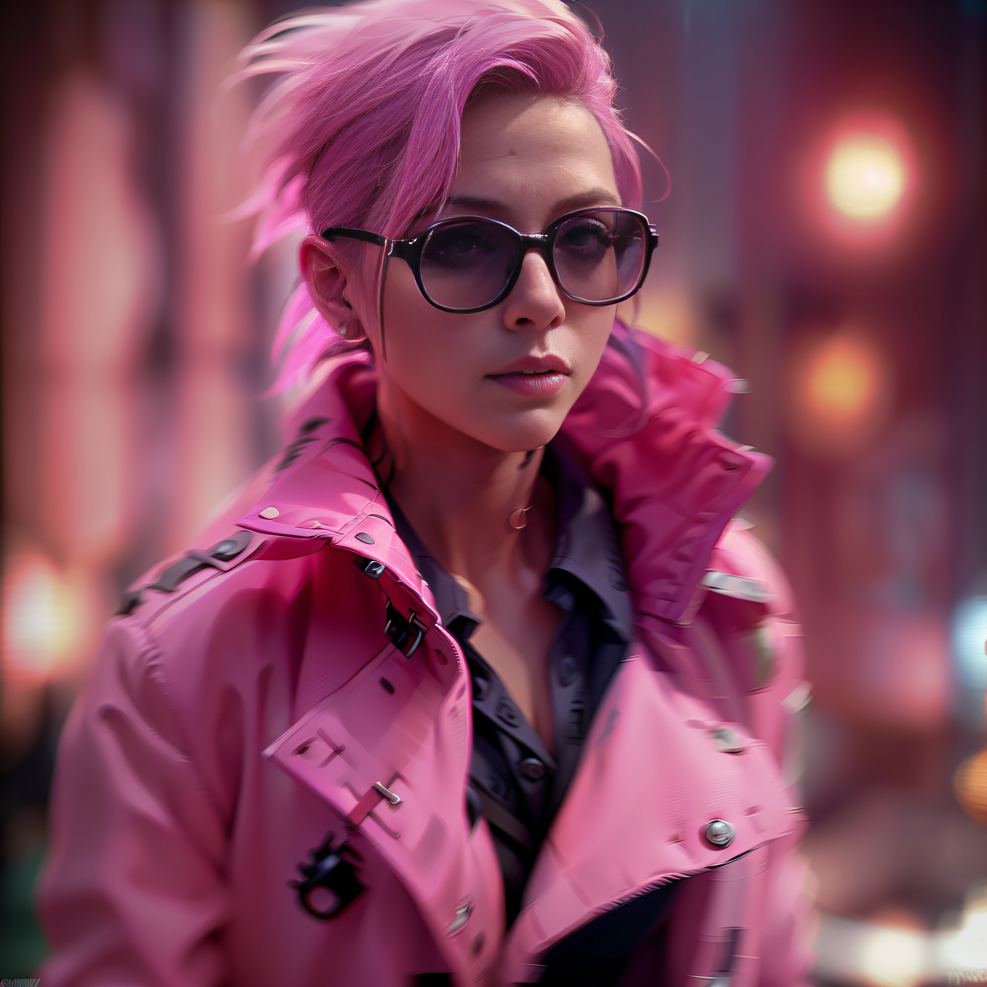 ( 
    (Character: one french woman, detective, slim body, slim, pink hair. shaved side haircut)
    (Clothing: pink trench coat, black shirt, glasses)
    (Pose: upper body shot:1.7, dynamic pose)
    (blurry, intense urban lights in background, pink color scheme:1.3) 
    (Style: ((masterpiece:1.5)), (face detailed), photo-realistic:1.3, hyperrealistic, film grain, realistic lighting)