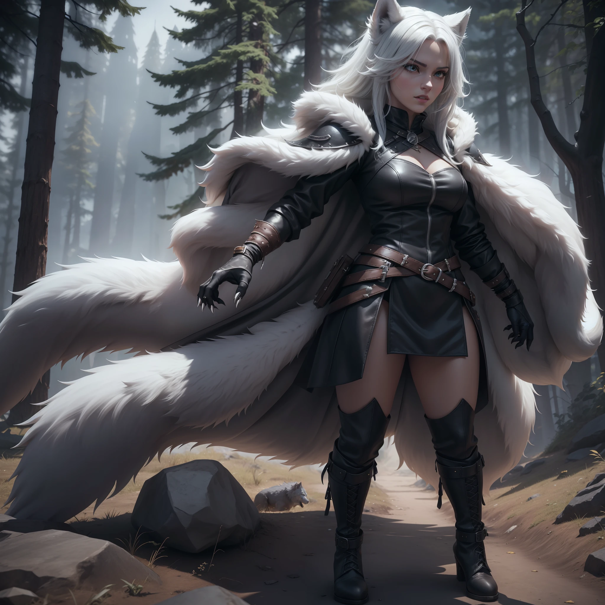 (masutepiece: 1.5), (Best Quality: 1.5), 1 Beautiful White Woman Werewolf, Black leather clothing with little exposure, White fur cloak, strong facial expression, Wearing thick leather boots, Has big wolf hands, long and sharp claws, Fine details, 3D, in 8K, Game Character, Full body image from head to toe, Correct posture, Simple background, 3D, in 8K, A detailed face, Detailed hand, Detailed shoes