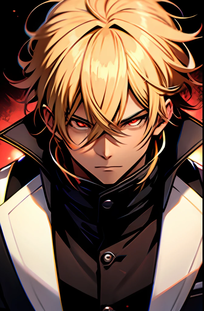 strong blond anime guy,medium hair,brown skin, wearing a black jacket, red aura, shining glowing eyes, anime style