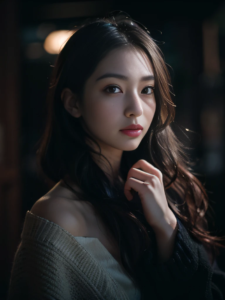 Best quality, masterpiece, ultra high res, (photorealistic:1.4), raw photo, 1girl, offshoulder, in the dark, deep shadow, low key, cold light