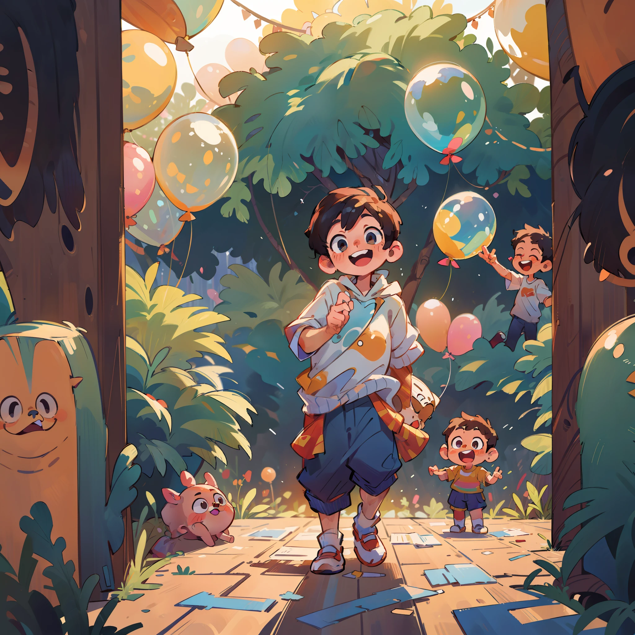 A boy, zoo, many balloons, happy, happy, perfect quality, clear focus (clutter - home: 0.8), (masterpiece: 1.2) (realistic: 1.2) (bokeh) (best quality) (detailed skin: 1.3) (complex details) (8K) (detail eyes) (sharp focus), (happy) full body, two children, clean background, long view composition, 85MM SHOT