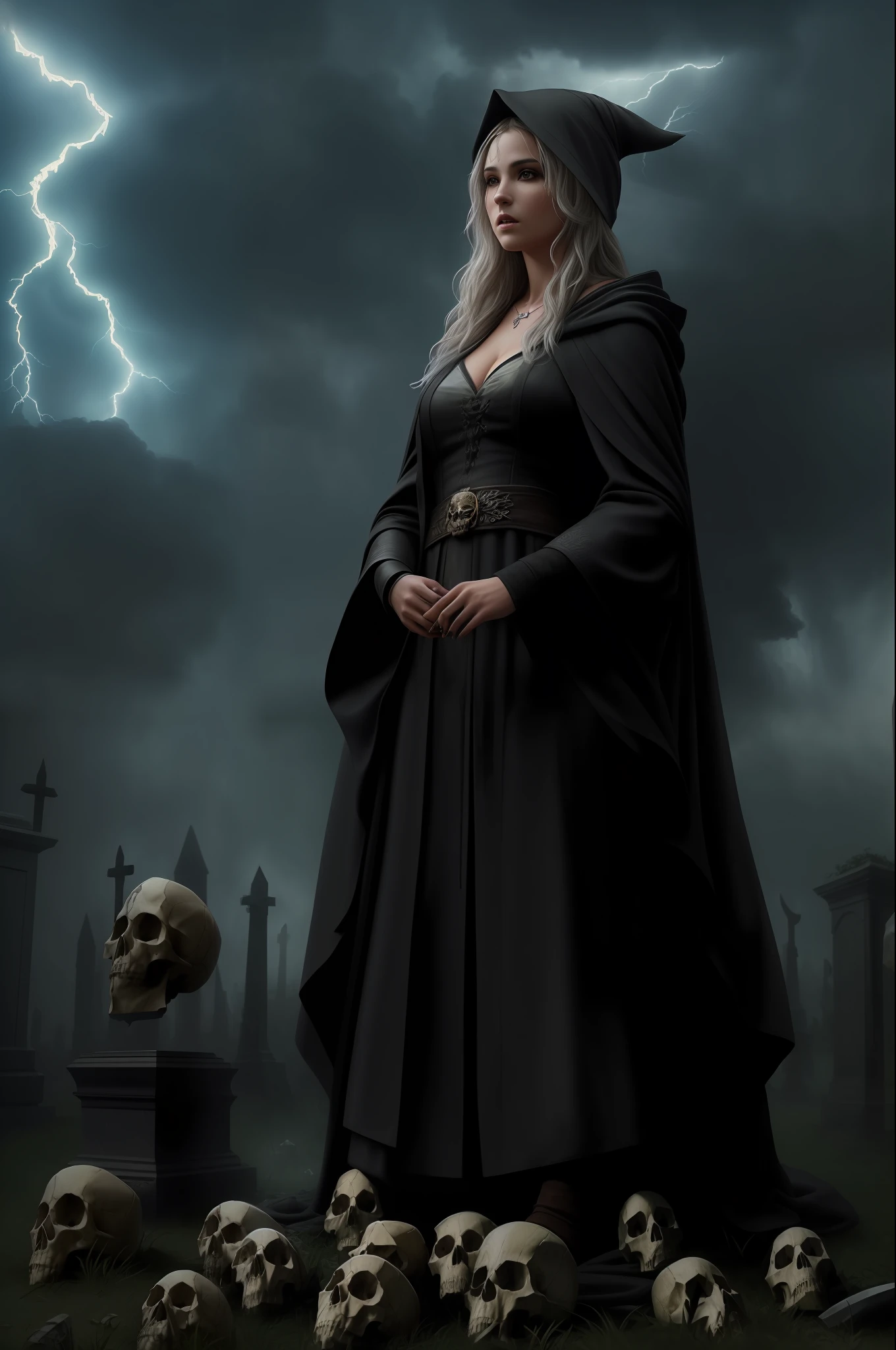 ((Best quality)), ((masterpiece)), ((realistic)), ((beautiful female wizard)) , in a deserted graveyard, during a violent thunderstorm, at midnight, wearing robes and ((holding skulls)), casting spells to summon the spirits of the dead, blood dripping from their fingertips, on eye level, scenic, masterpiece.