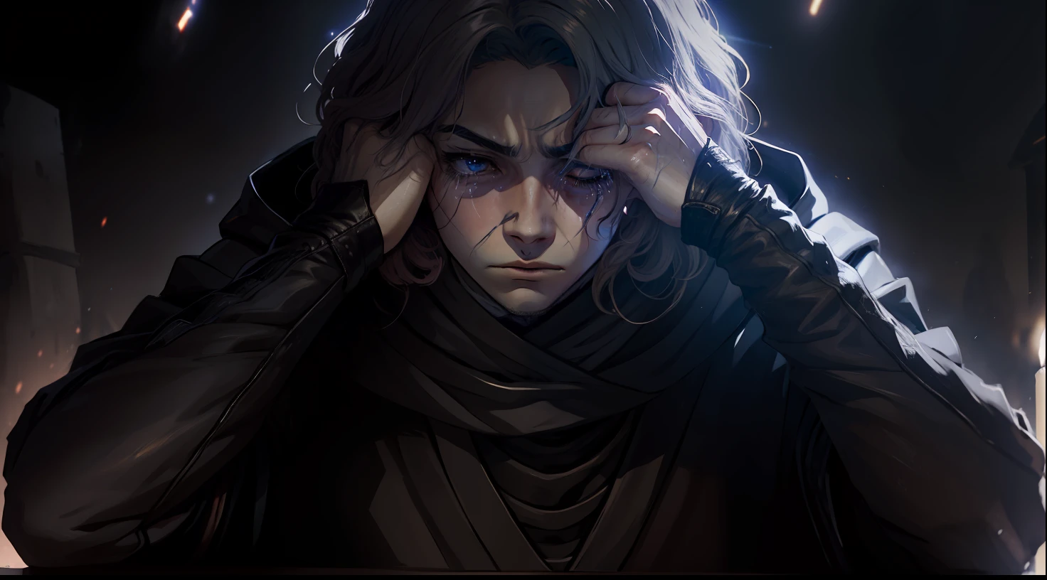 Anakin Skywalker, Sith, Tempos Sith, Anakin Skywalker como Sith do mal, Villanious, FALLEN ANGEL, Gray alien, alien, FALLEN ANGEL, Cara bonito na foto de Demon Slayer, Anakin Skywalker sentado, depressed with hands covering his face crying a lot and lamenting, godrays obscuro, cosmic sky
