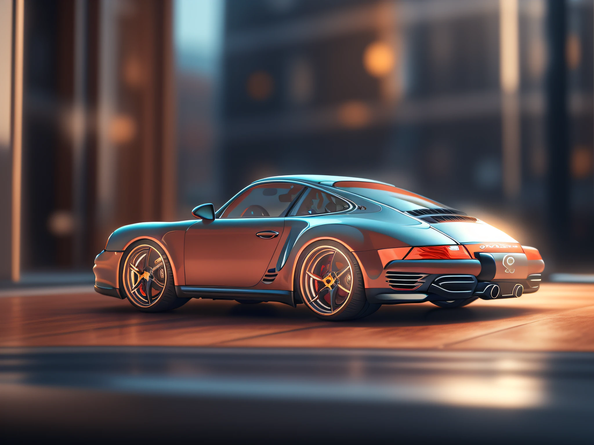 (masterpiece), best quality, cute and adorable 3D render toy art (((1porsche carrera))) on a round metallic stage, full body in corner pose, corner view, glowing lights, beautiful bodywork, with sleek lines and a glossy finish like in GTA games, dazzling composition, symmetry, vivid colors, 3D city view from a balcony in background. 3D animation style, sharp focus, natural lighting, global illumination ,Vray Tracing, ultra realistic, uhd, dslr, 8k