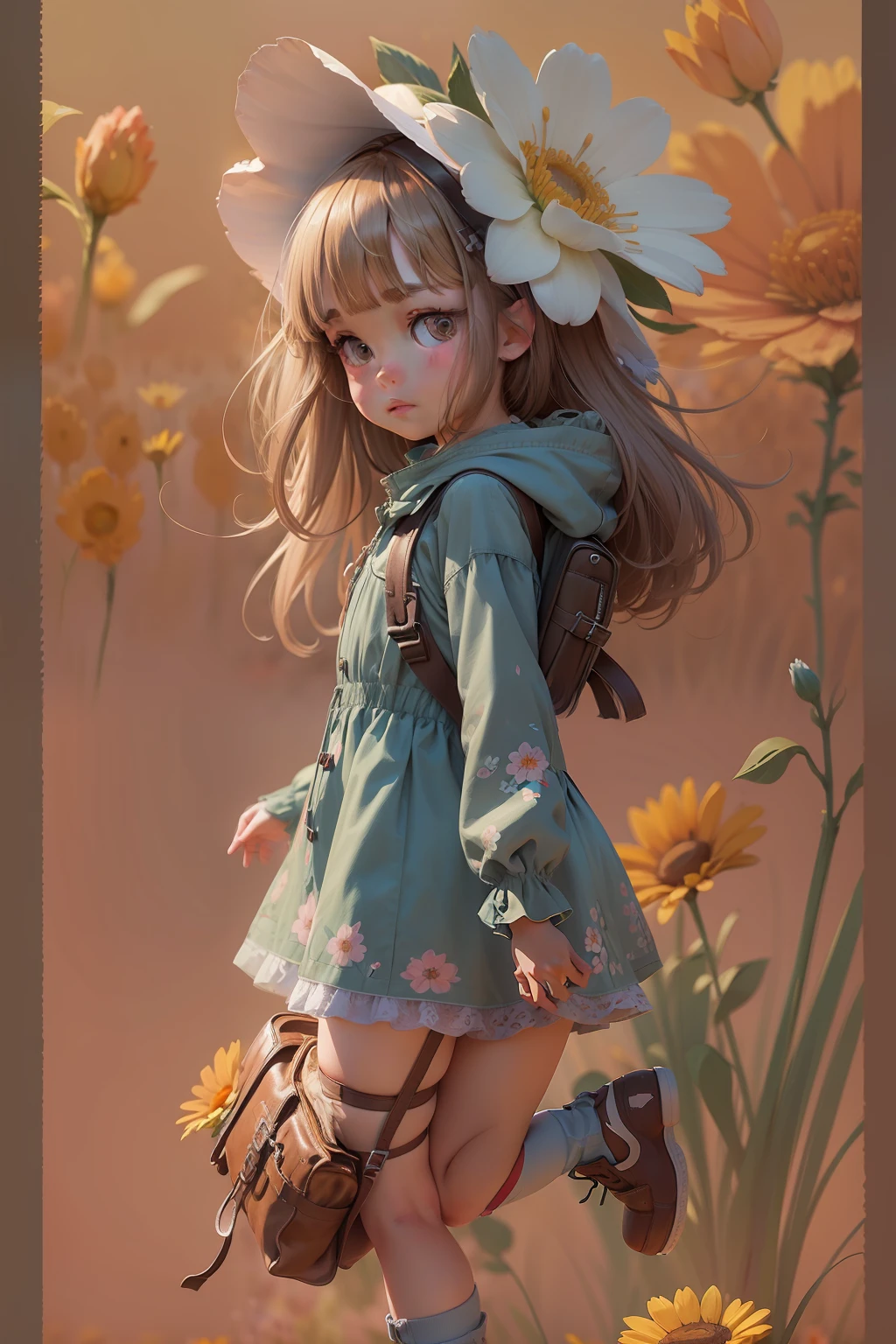 cartoon girl in a field of flowers with a backpack, childrens art in artstation, cute detailed digital art, cute art style, cute detailed artwork, adorable digital painting, girl in flowers, cute digital art, girl dancing in a flower field, full body portrait of a short!, girl in a flower field, a beautiful artwork illustration, girl jumping in a flower field