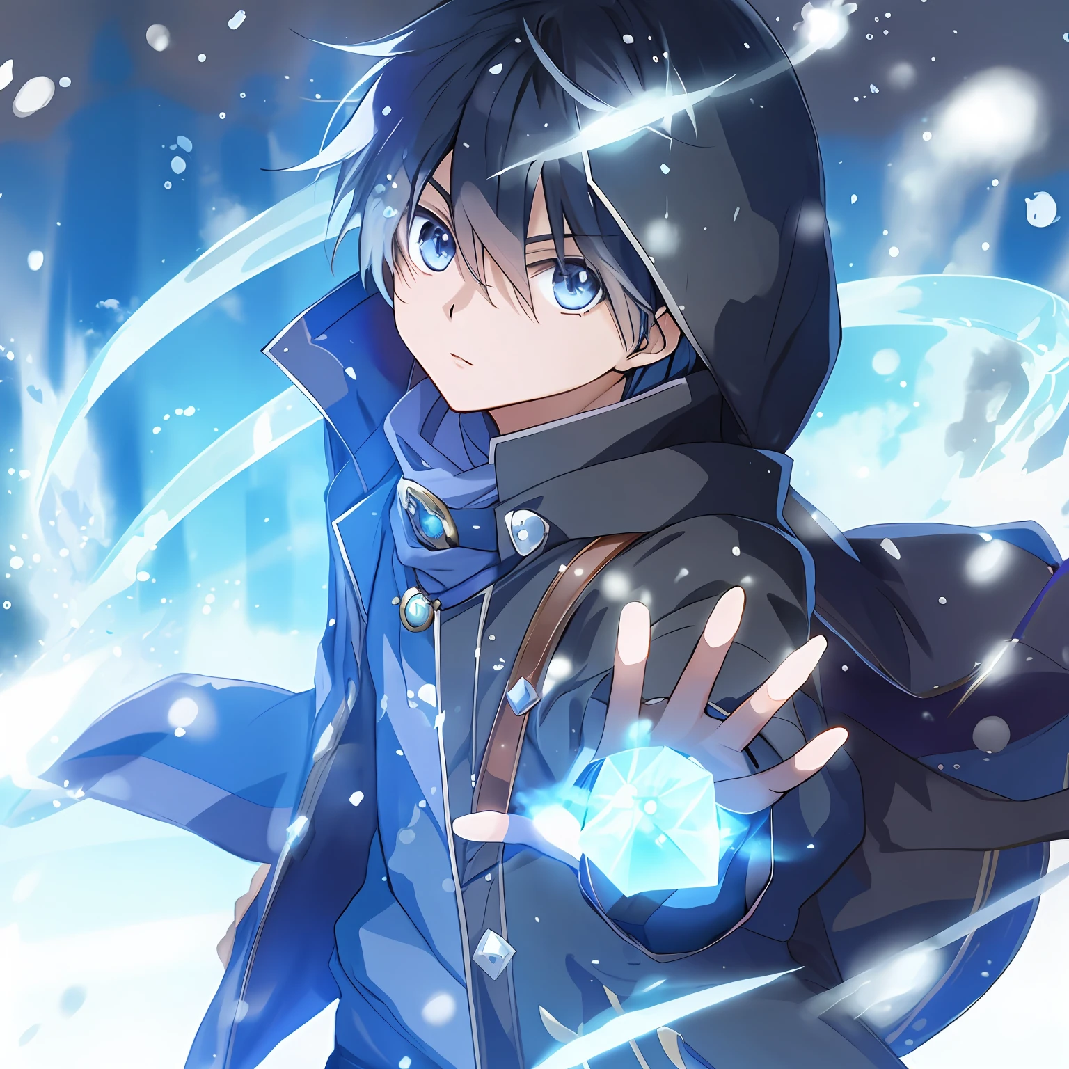 personagem de anime com olhos azuis e casaco preto, usando magia, Sphere of magic in the hand, em um cenario magico, anime wallpaper