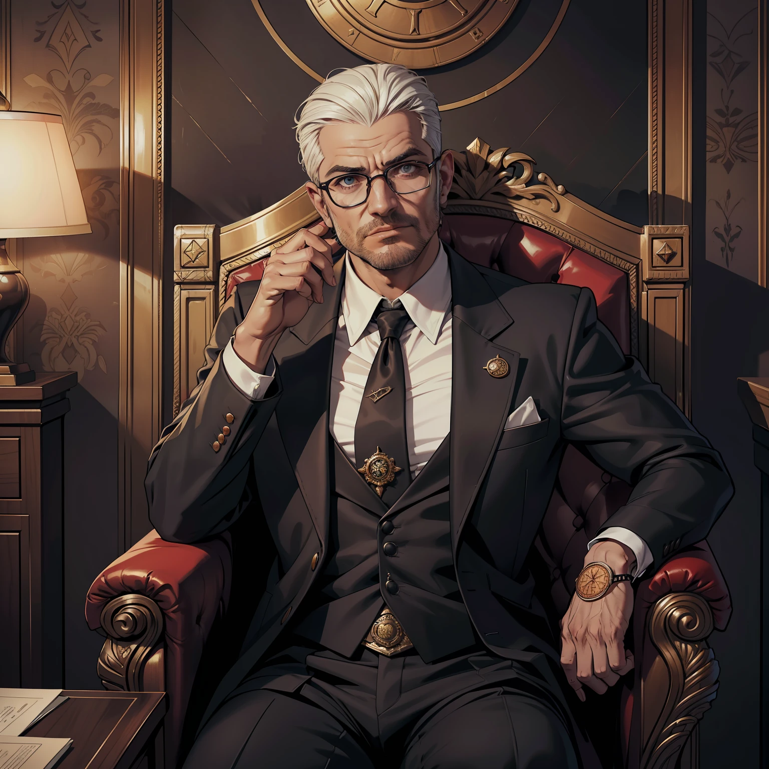 (papel de parede 8k extremamente detalhado), tema escuro, Vampire the Masquerade, RPG Mundo das Trevas, terror moderno, anos 2020, Man of advanced age, (((The mayor of a large metropolis))), vestindo terno branco, foco afiado, (subsurface scatter:1.1), fotografia premiada, rosto centrado, rosto do Luiz Fonsi, eyeglass, foto de meio corpo:1.1, cabelo preto curto, olhos castanhos claros:1.2, expression serious, inside and meeting room sitting in a presidential chair with large table in front of her, lighting dramatic