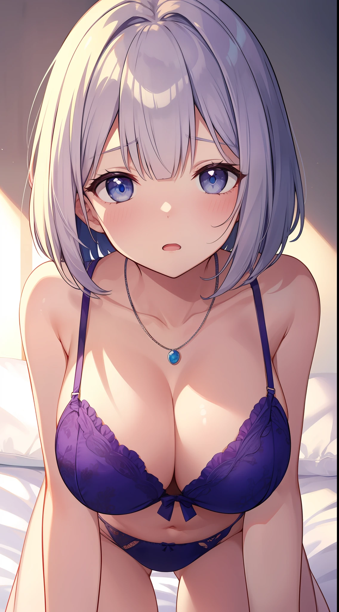 great masterpiece、Super delicate、1girl in、silber hair、blue eyes、bob cuts、in one's underwear only、Purple lingerie、a necklace、large full breasts、all-fours、to close range、proximity、Kamimei、Looking up at me、red blush、Embarrassing、Troubled face、Slightly open mouth、