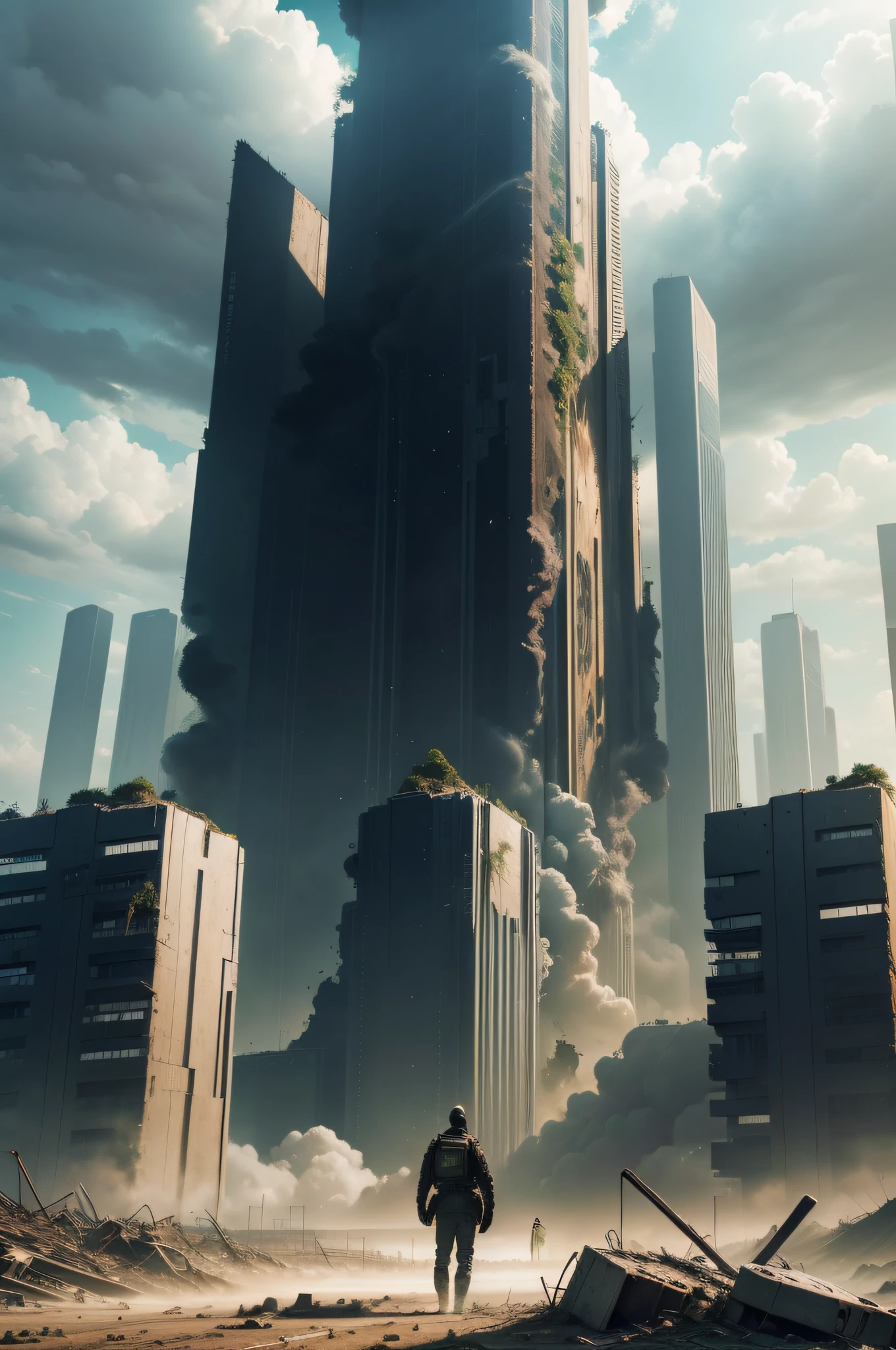 Imagine a dystopian future, Post Technological Apocalyptic, Humanity faces the devastating consequences of ecological collapse, cidade enferrujando