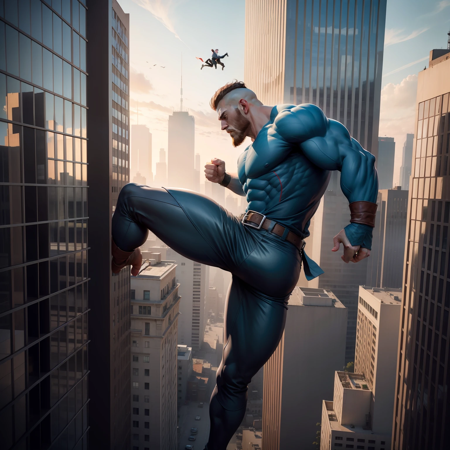 giant man kicking a building