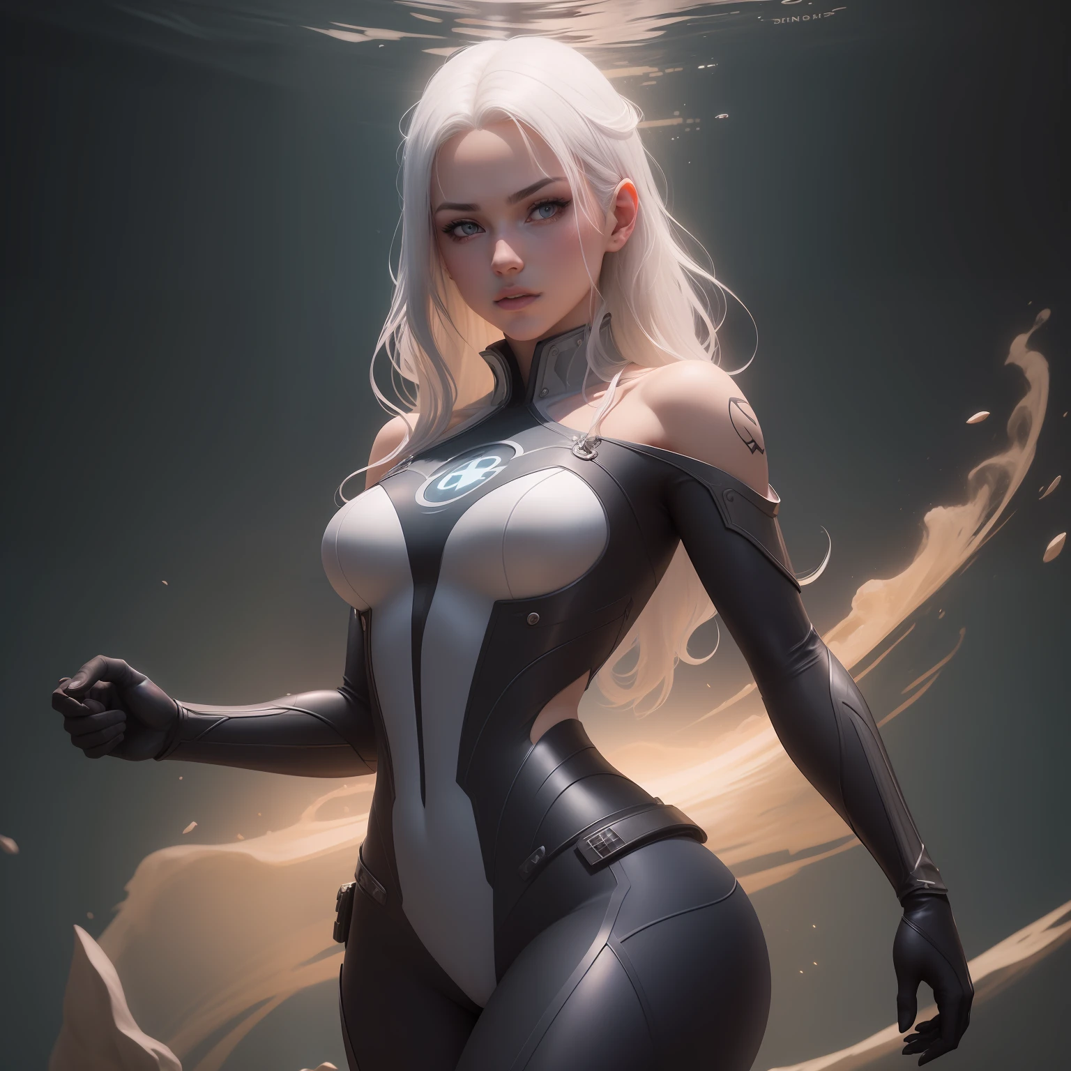Noite escura, A white-haired woman in a short suit swimming underwater, luz da lua em uma noite estrelada, sombrancelha branca, Directed by: Mandy Jurgens, Estilo de anime 3D realista, marc brunet | | | | | | | | |, Directed by: Stanley Artgerm, Artgerm ; Motor 3d irreal, inspirado em Mandy Jurgens, Artgerm e Ilya Kushinov, realistic anime art style, 3 d anime realista, arte conceitual | Artgerm