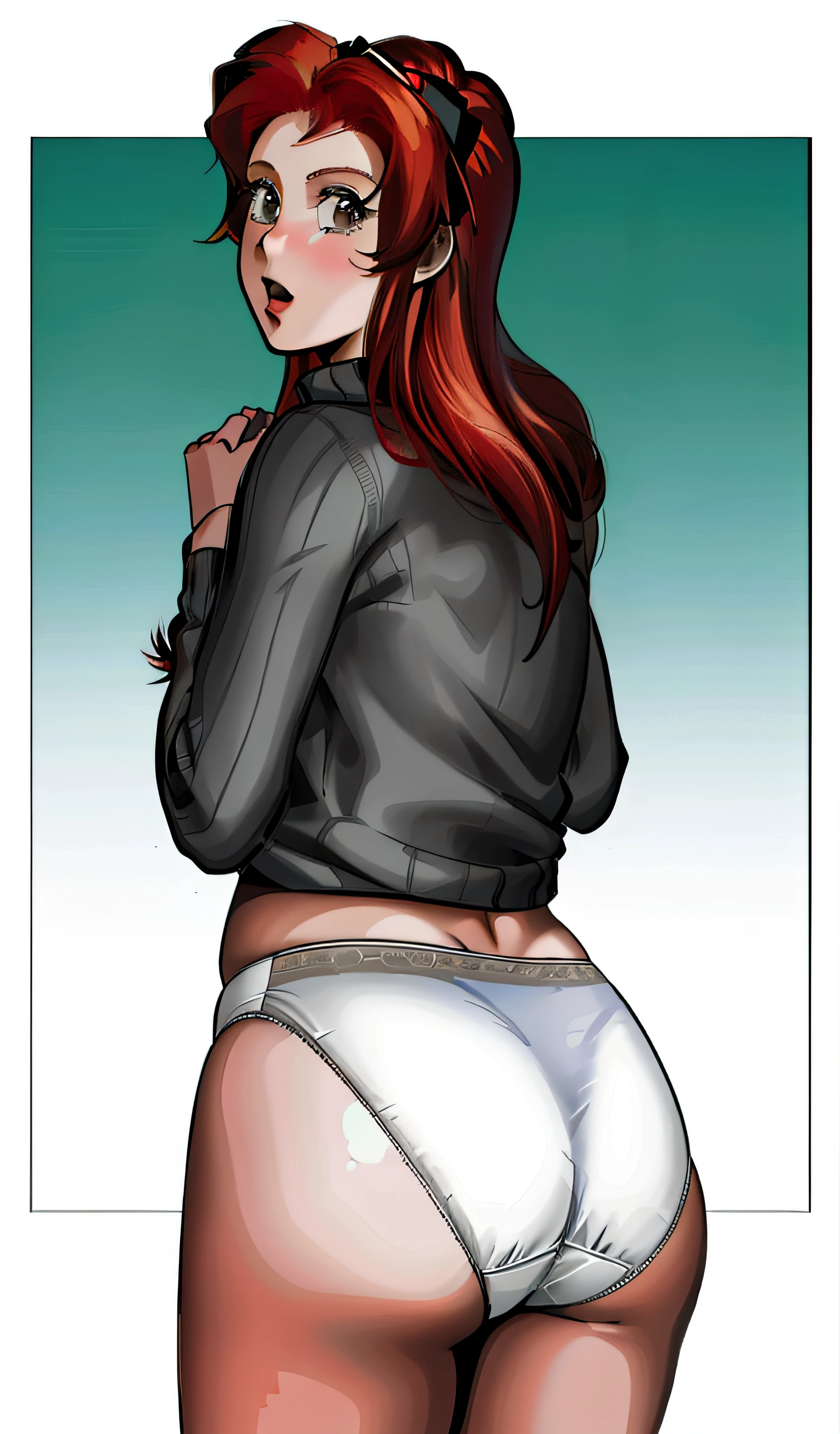 ((masterpiece, best quality)), ((Curvy Red-haired Latina in grey sweater and white granny panties)), started and embarrassed, EUF, comic book art style, intricate details